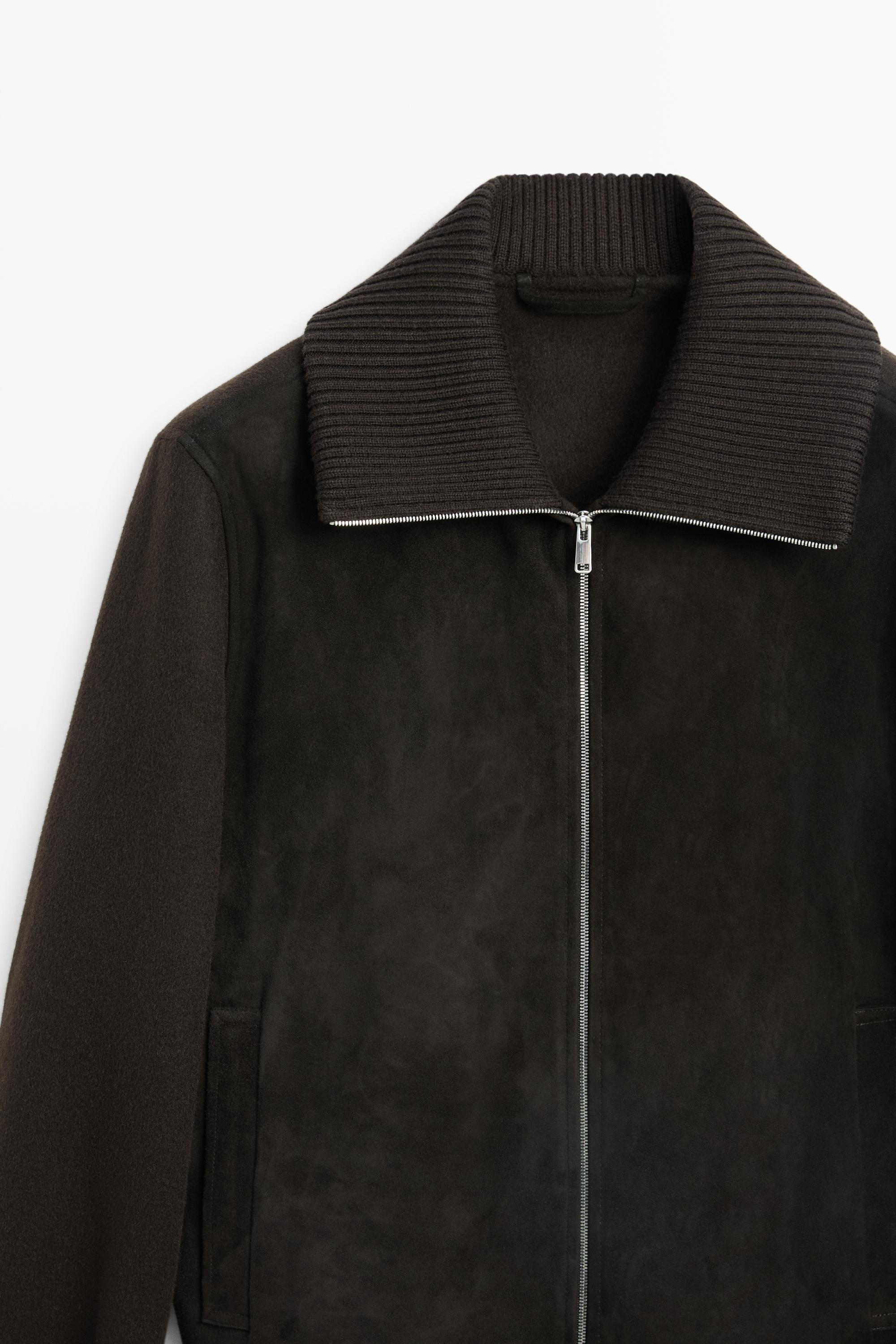 Mixed double-knit and goatskin suede cardigan — BROWN