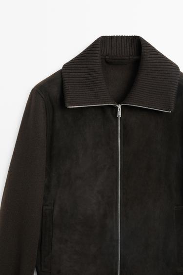 Mixed-fabric suede leather cardigan — BROWN 4