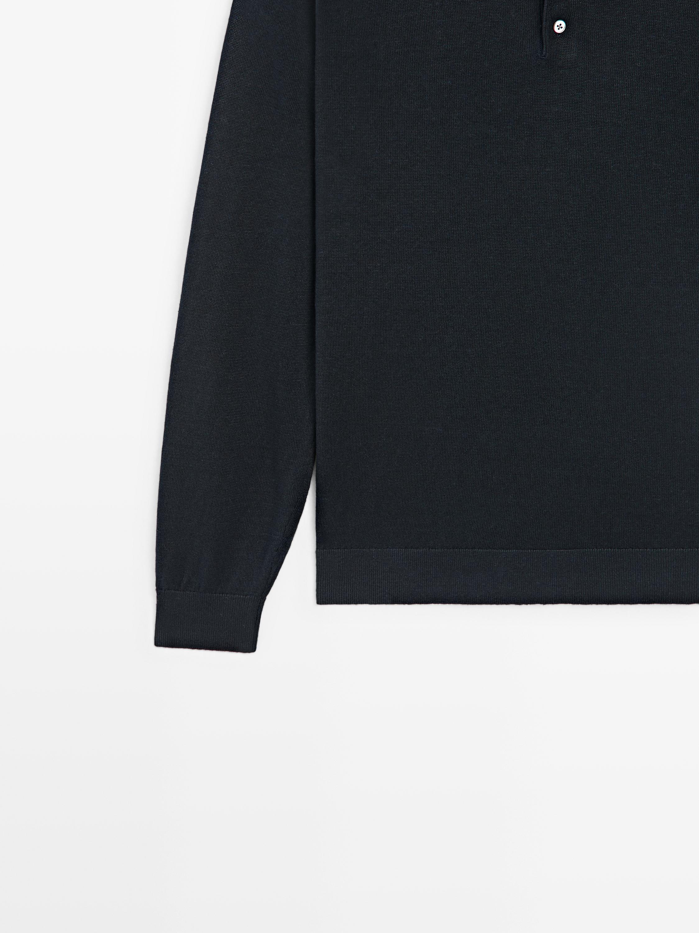 100% linen knit polo collar sweater — NAVY BLUE
