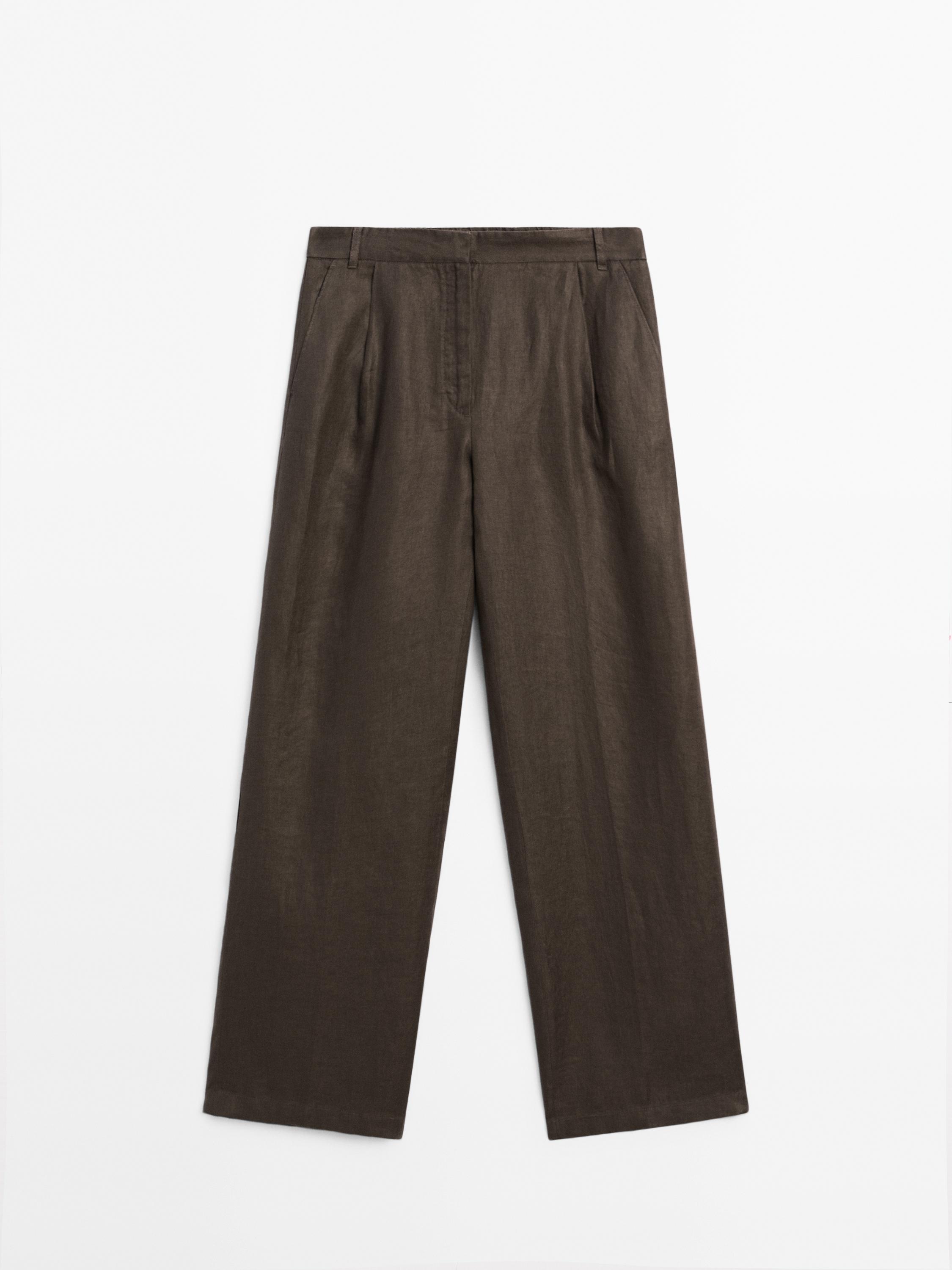100% linen wide-leg elastic detail trousers