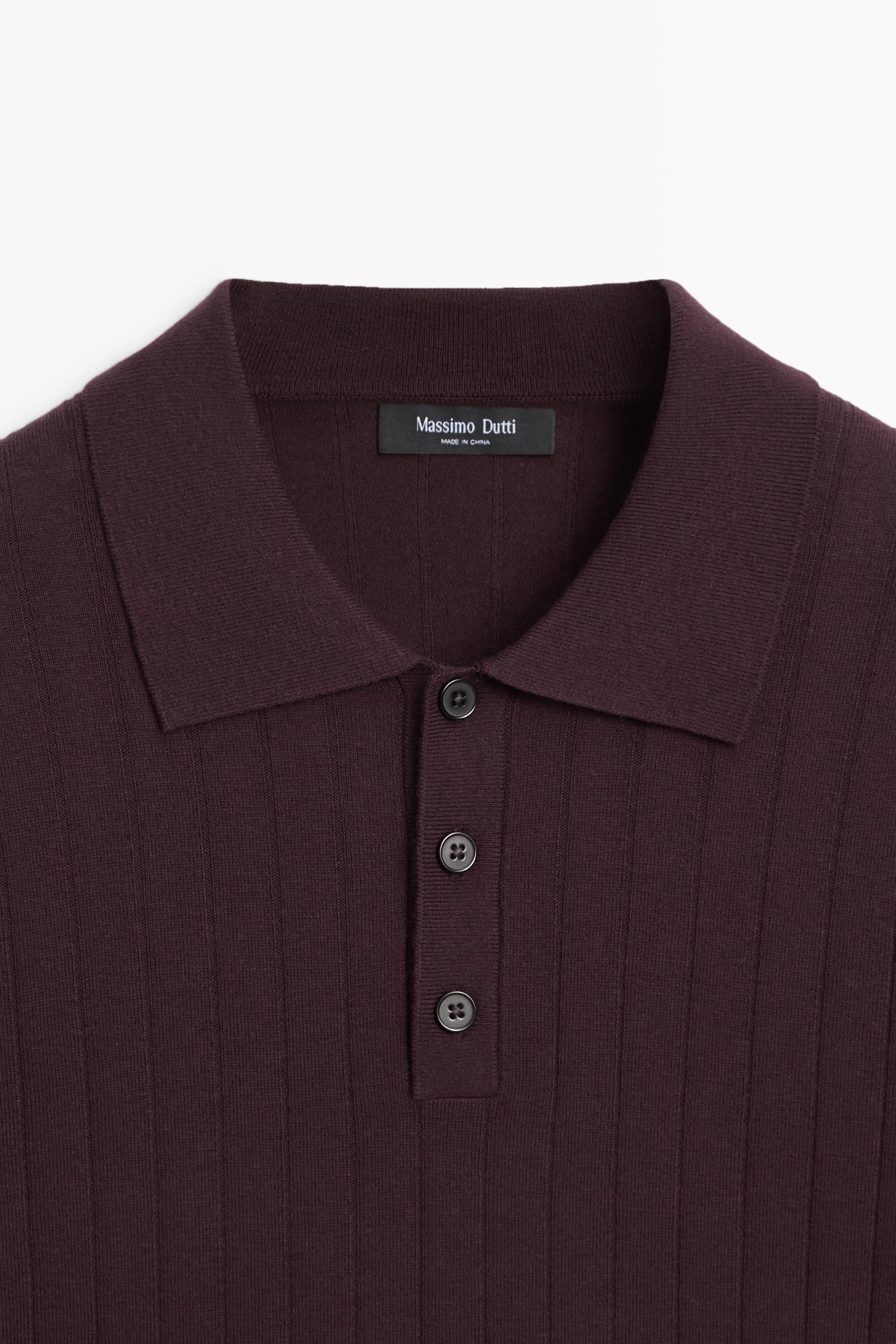 Ribbed knit cotton blend polo shirt — BURGUNDY