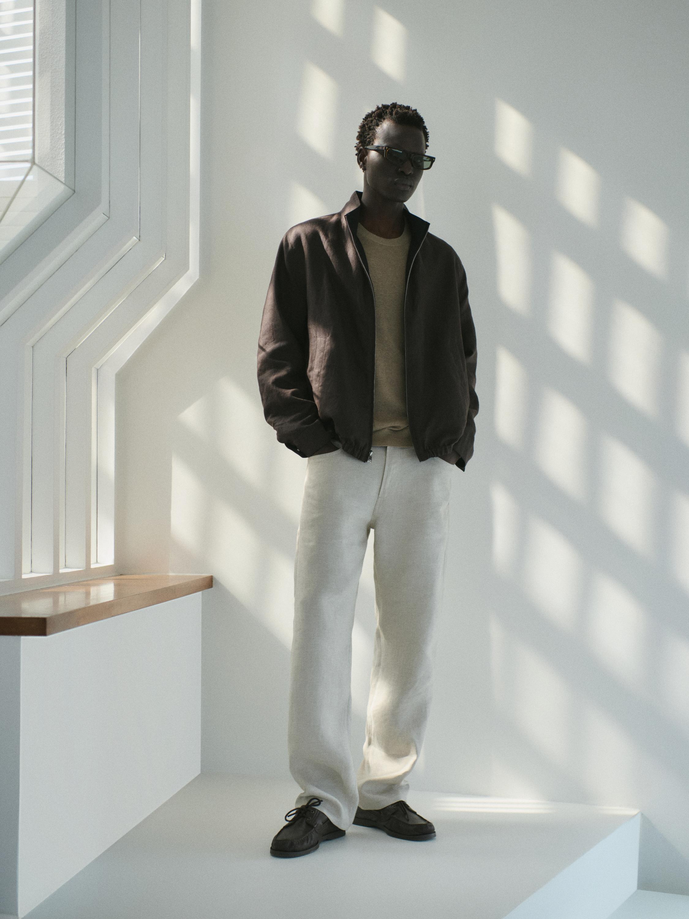 Linen semi-jogger fit denim-effect trousers