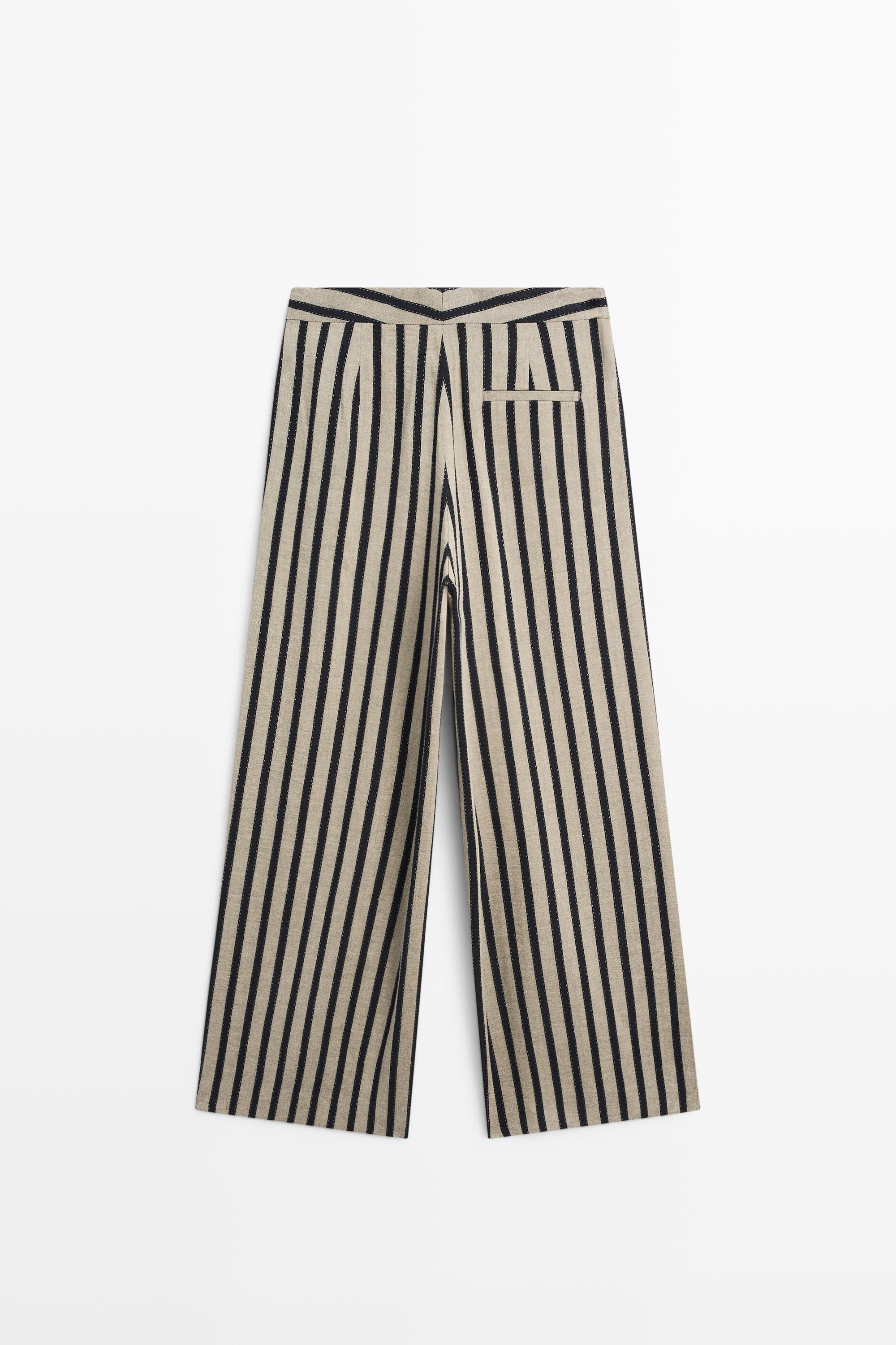 Striped linen blend wide-leg trousers — SAND