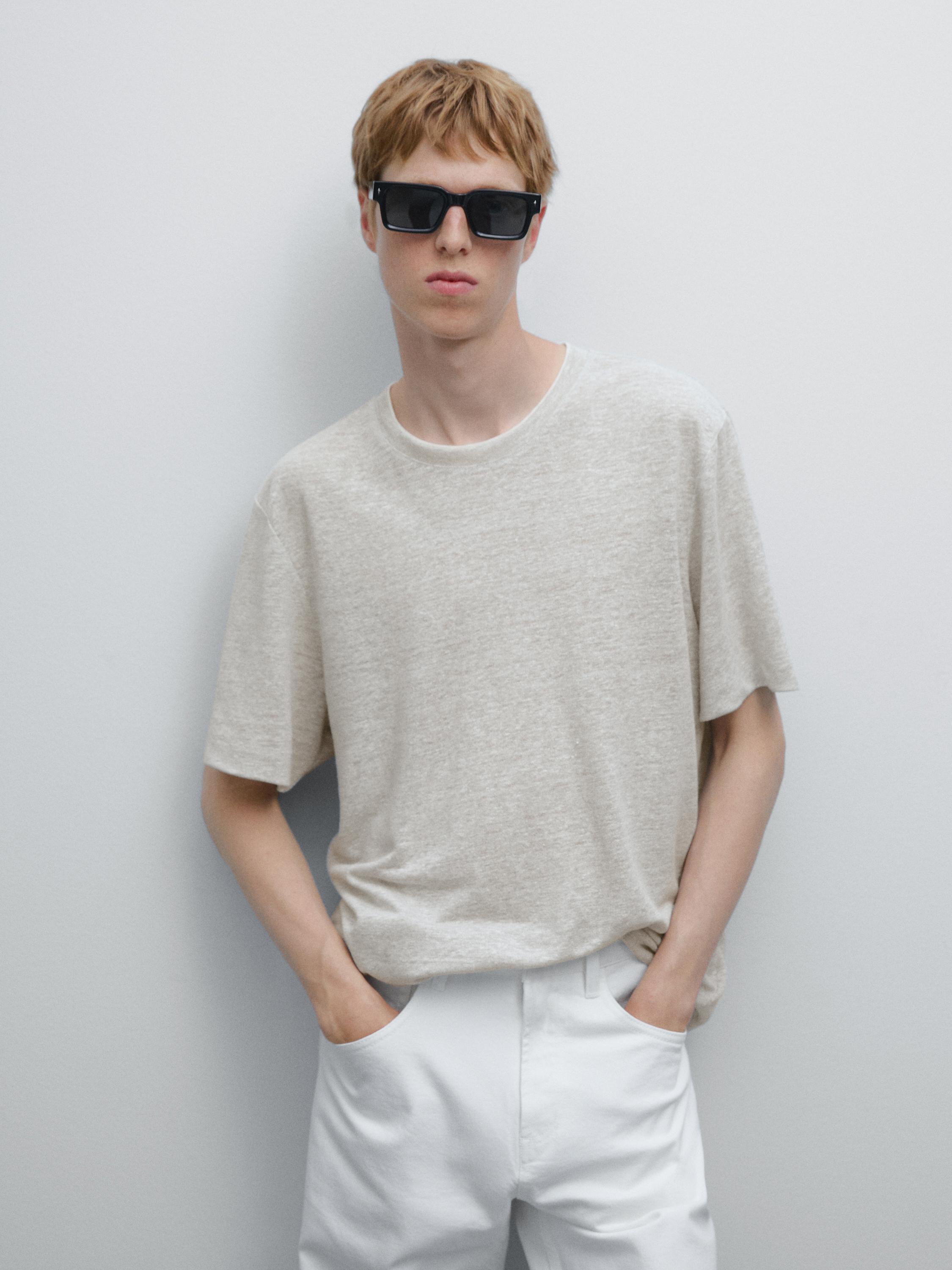 Contrast knit linen blend T-shirt