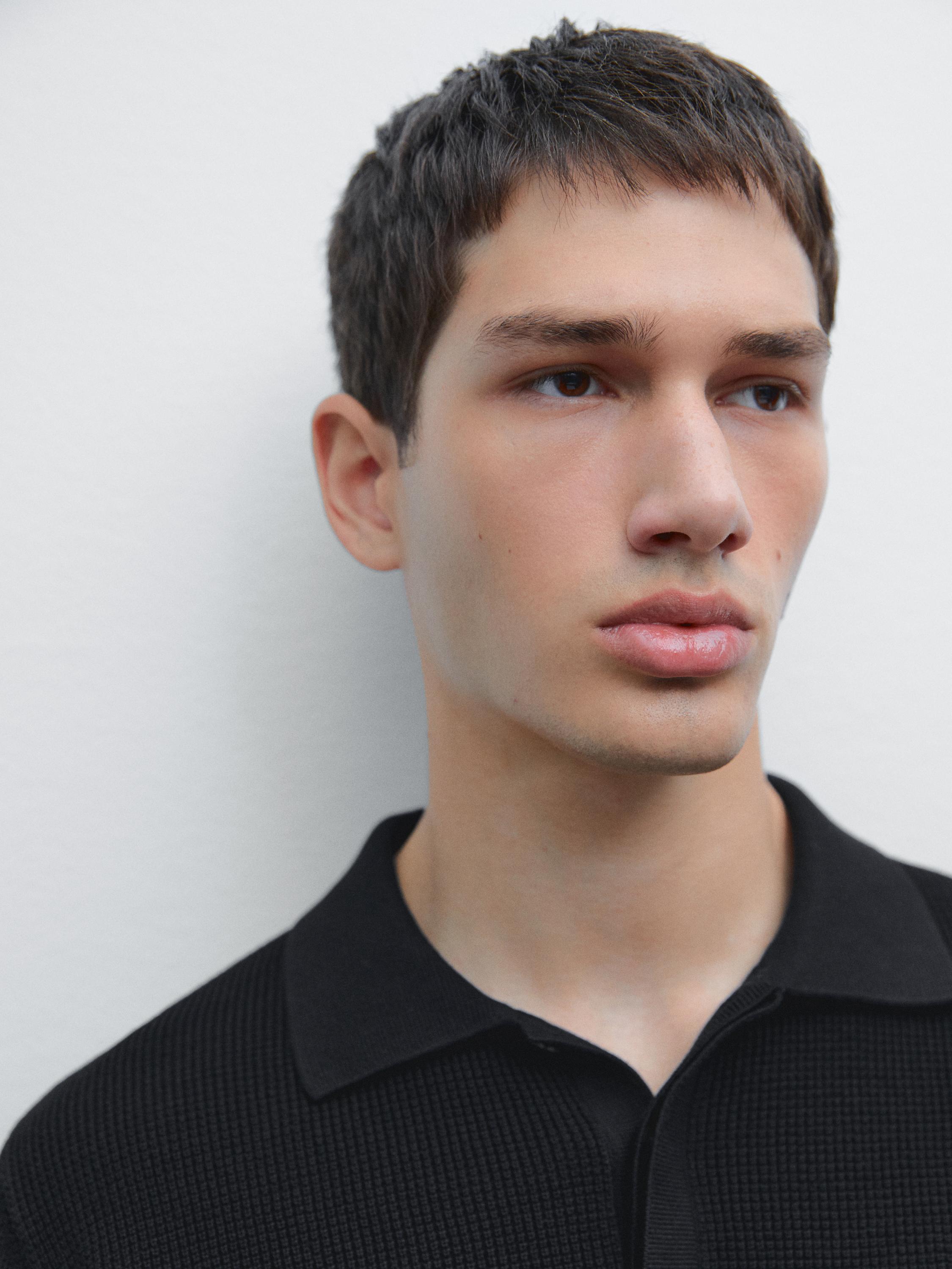 Textured cotton knit polo shirt