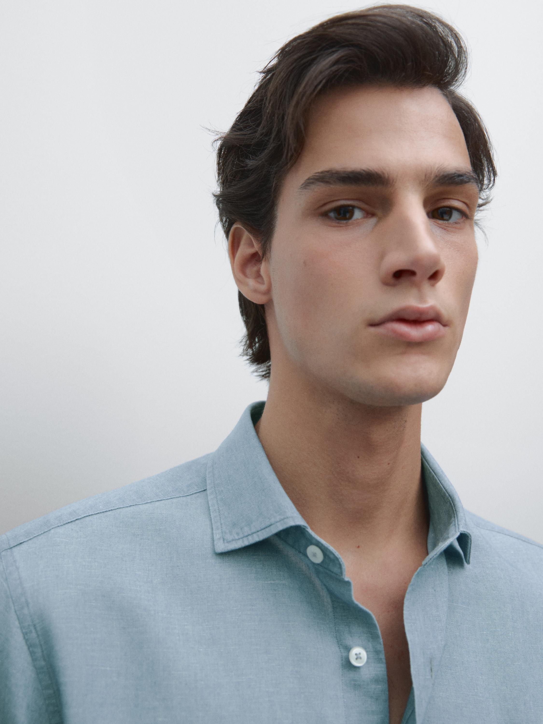 Cotton blend slim fit denim shirt