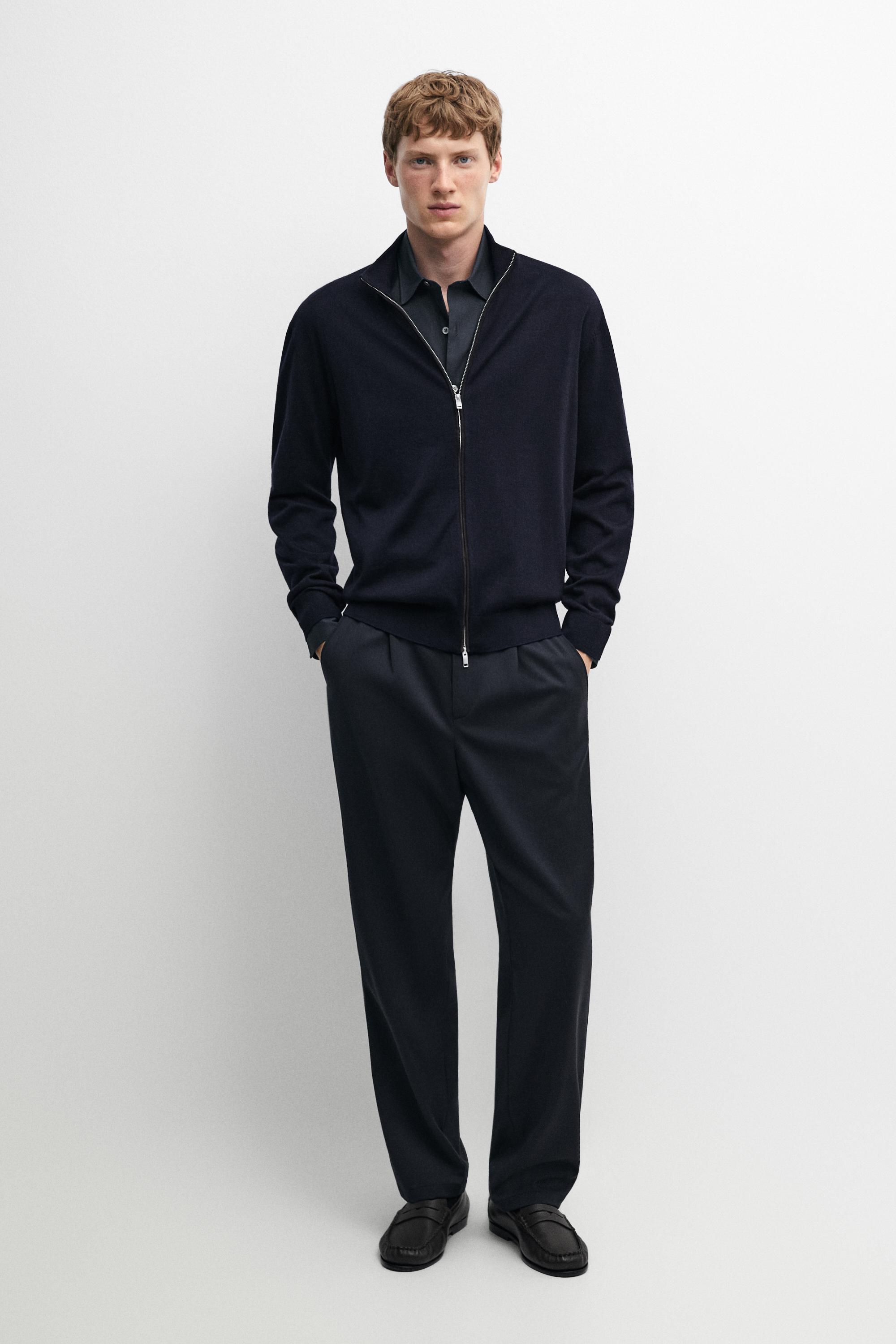 Merino wool blend zip-up knit cardigan