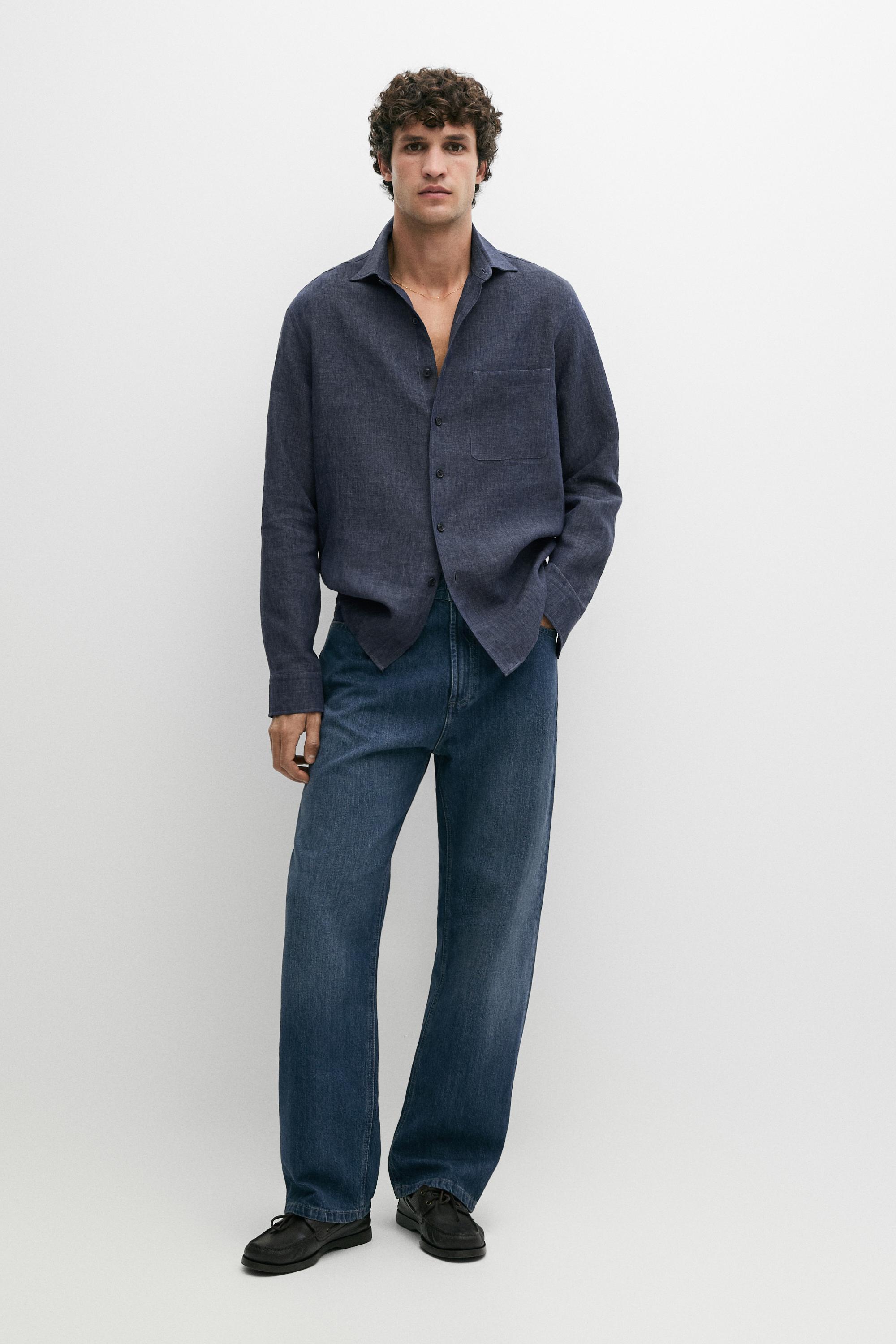 100% linen shirt with pocket — BLUE