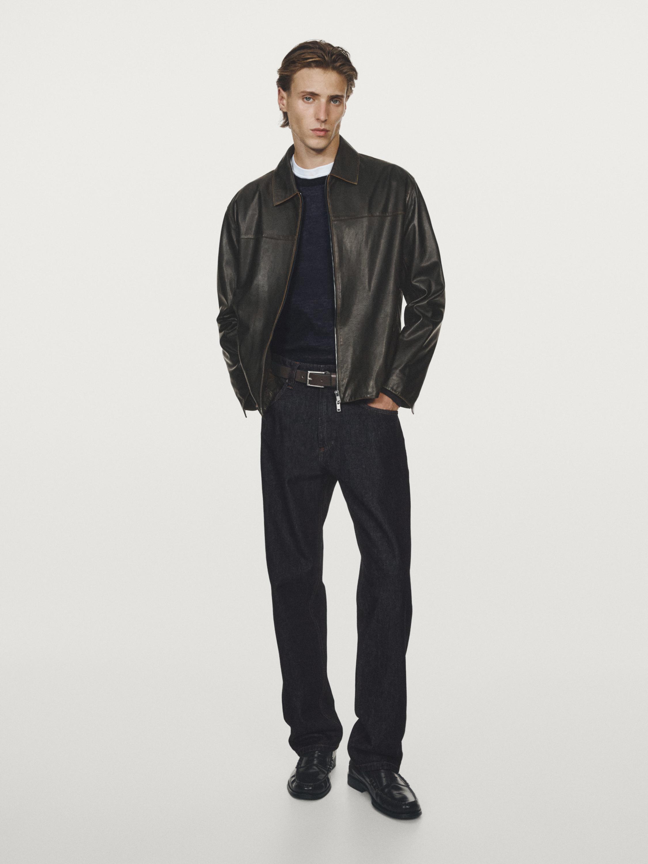 Distressed effect leather jacket — BROWN