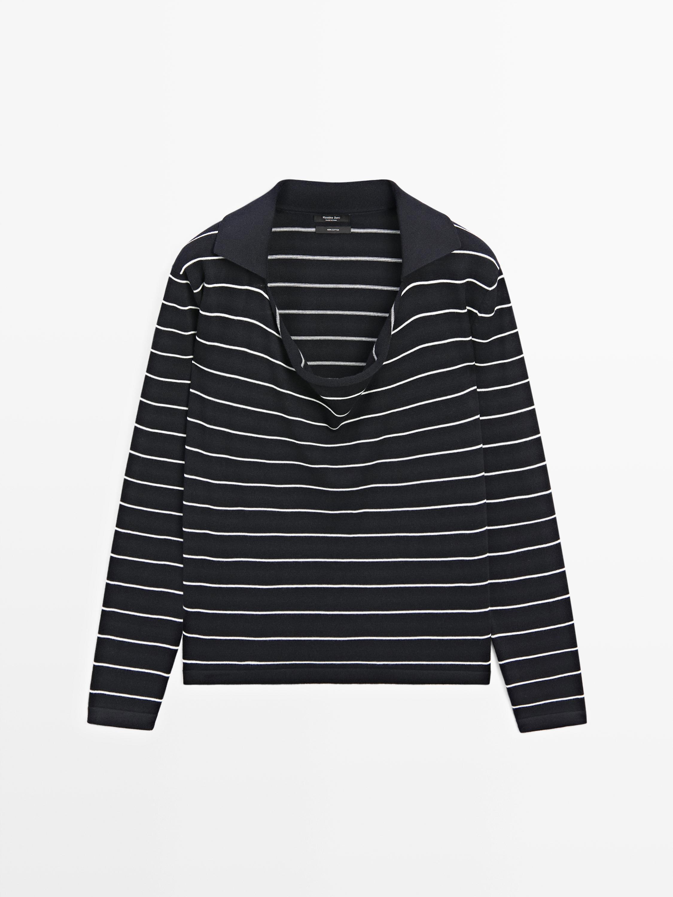 Cotton striped knit polo sweater