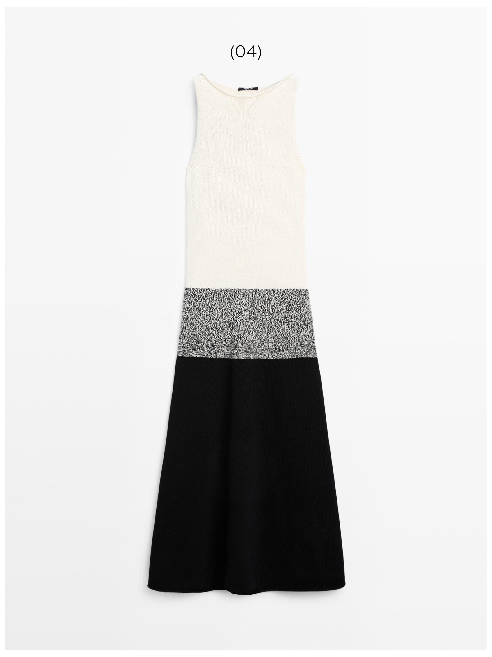 100% cotton contrast knit midi dress — BLACK