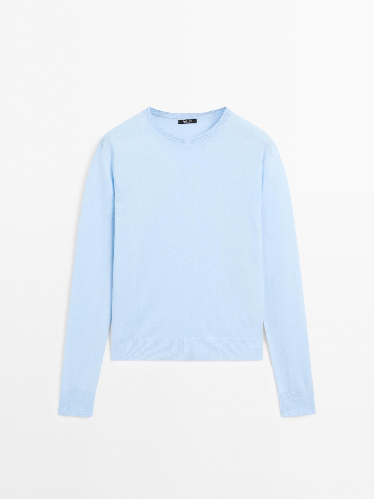 Massimo Dutti - Dame - Striktrøje I Uldblanding Med Rund Hals - Himmelblå - Xl