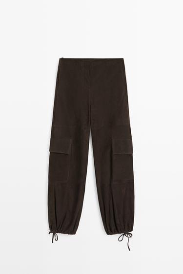 Cargo pants with Suede leather hem detail — Chocolate 2