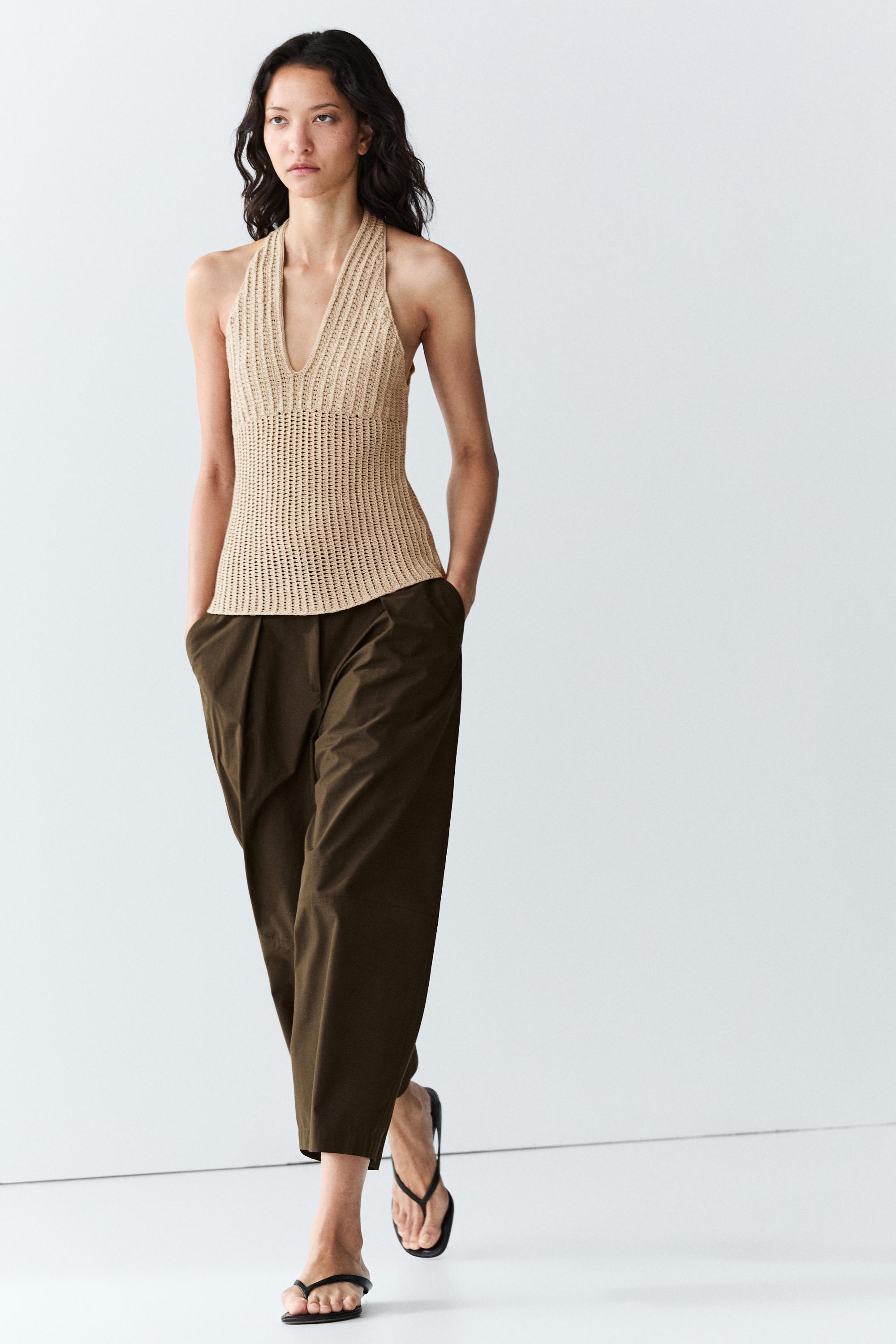 Cotton crochet knit top — BEIGE