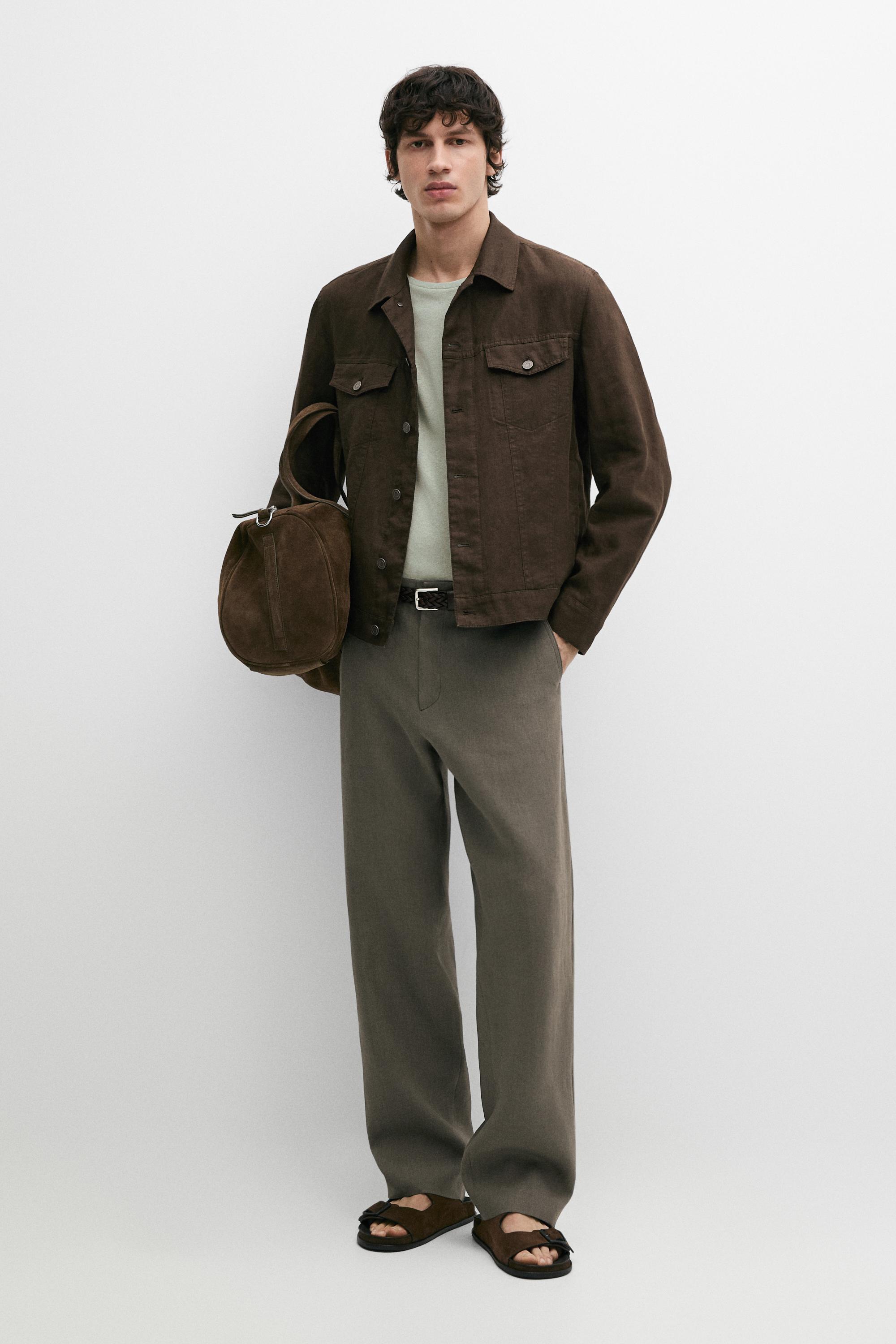 100% linen straight-leg trousers — GREEN