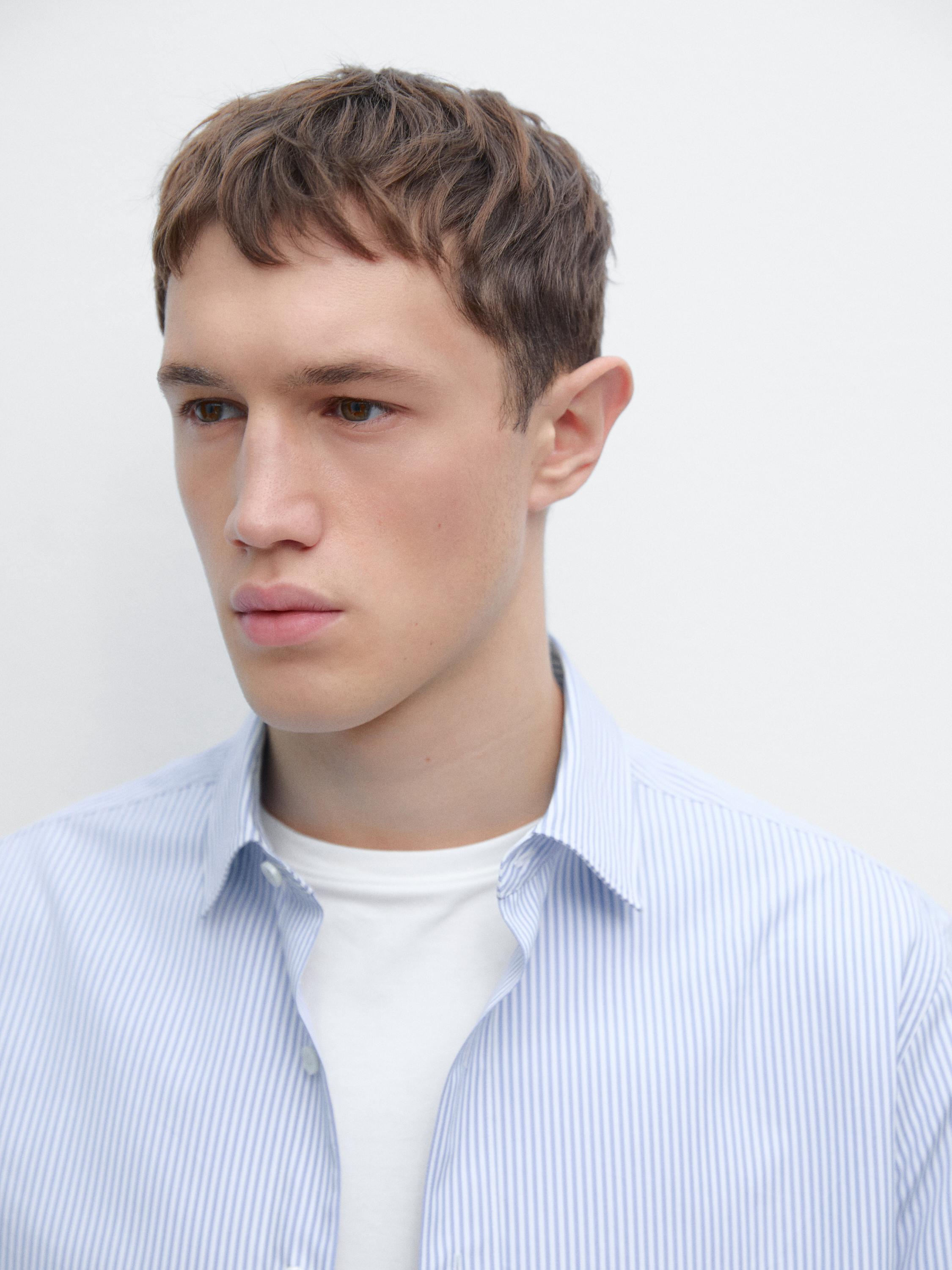 100% cotton regular fit striped shirt — SKY BLUE