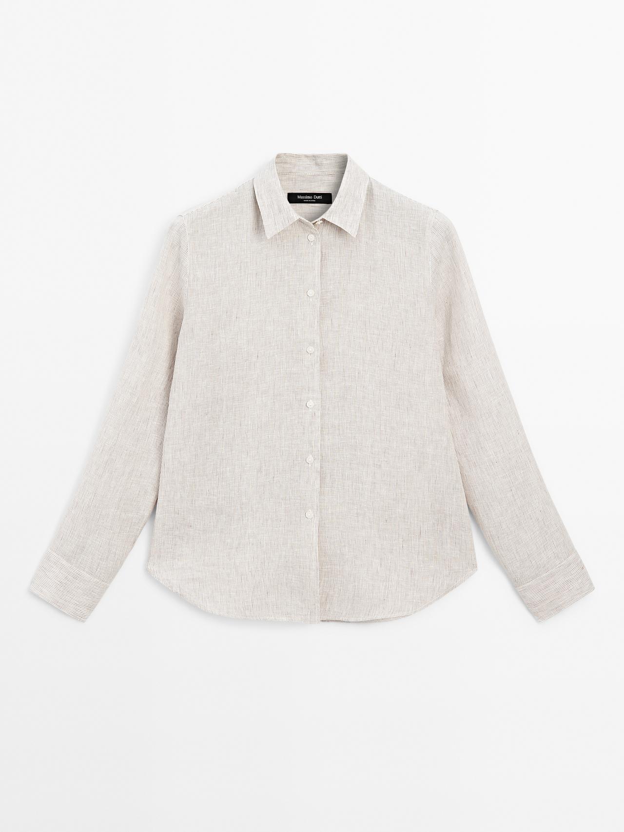 Massimo Dutti - Dame - Nålestribet Skjorte I Hør Med Blødt Fald - Brun - 34