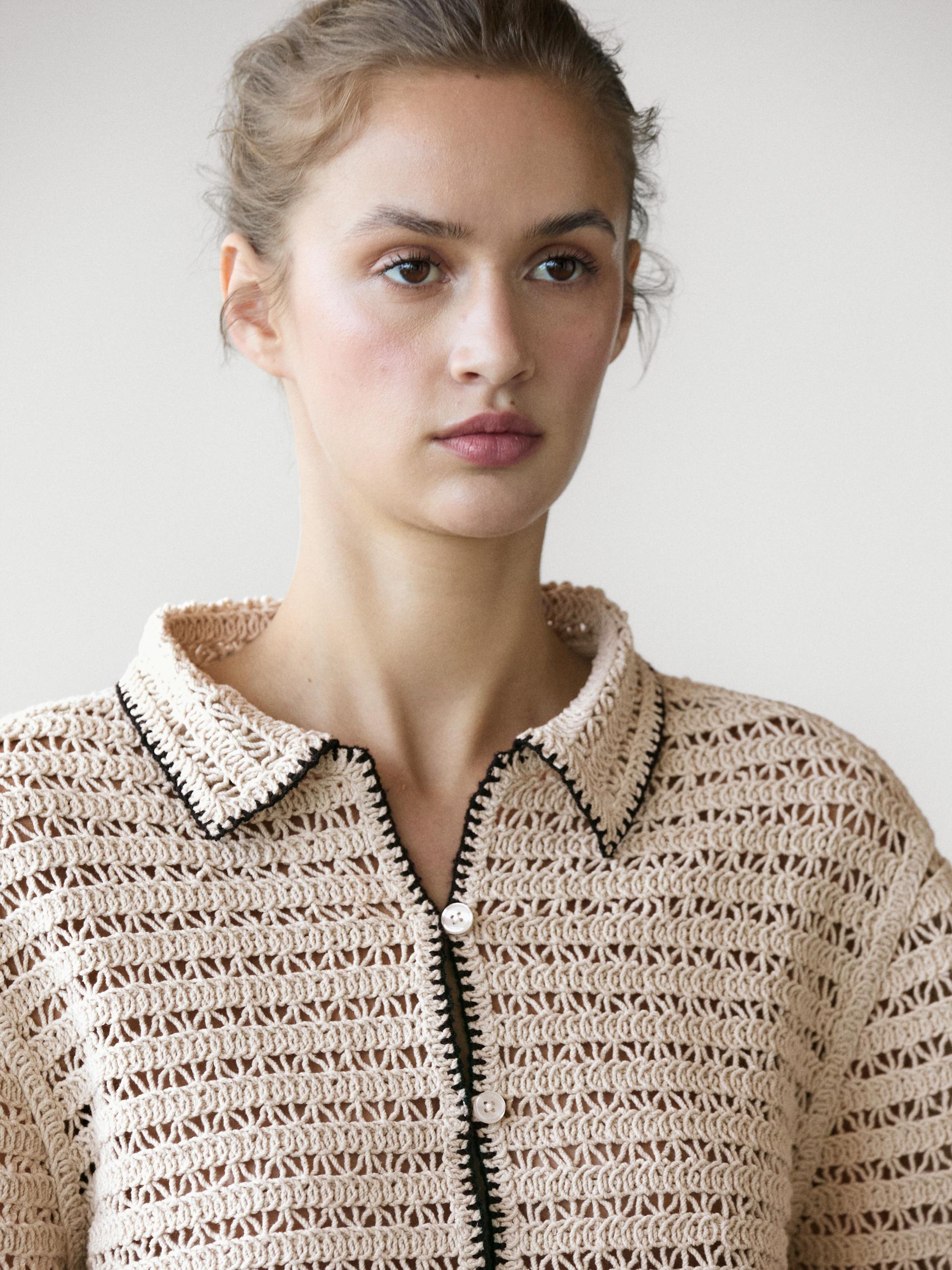 Chaqueta Punto Crochet Contraste - Beige - L - Massimo Dutti - Mujer