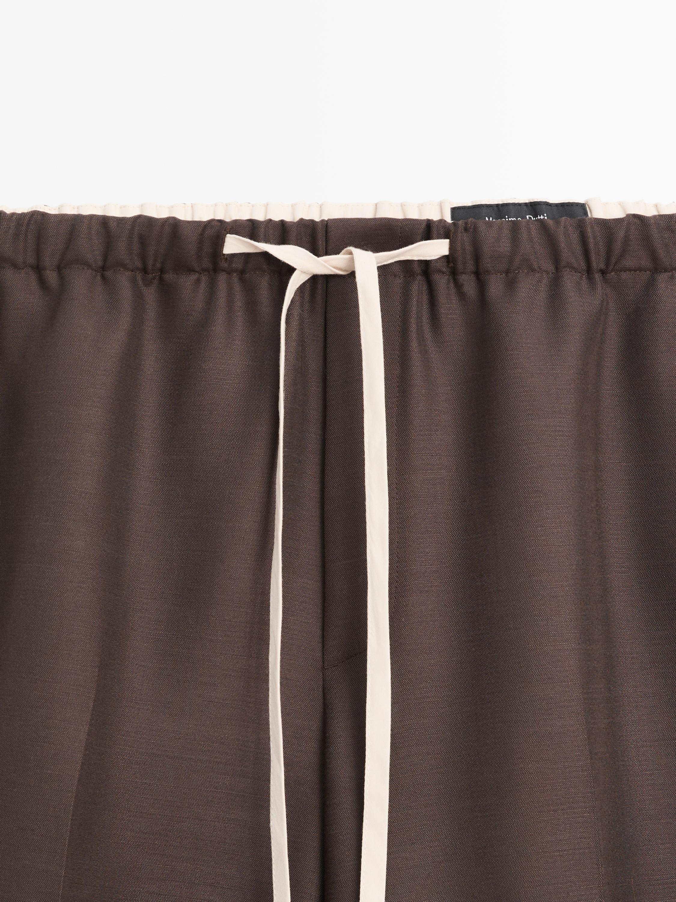 Wool blend contrast drawstring trousers — BROWN