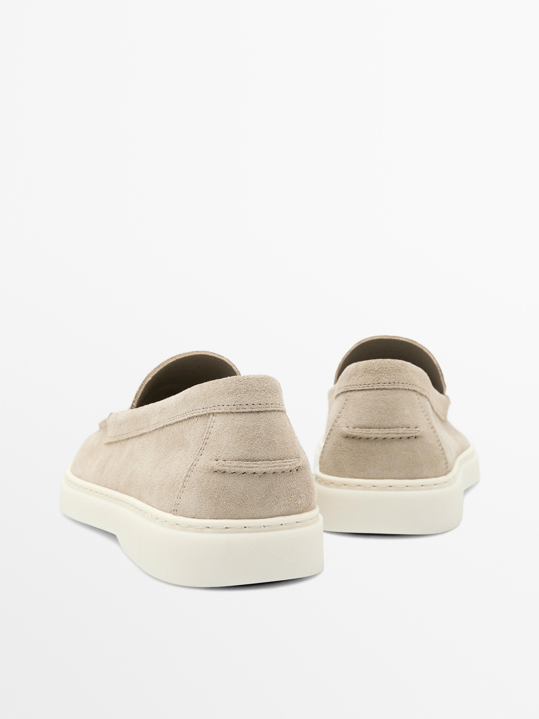 Split leather loafers with moc toe — SAND