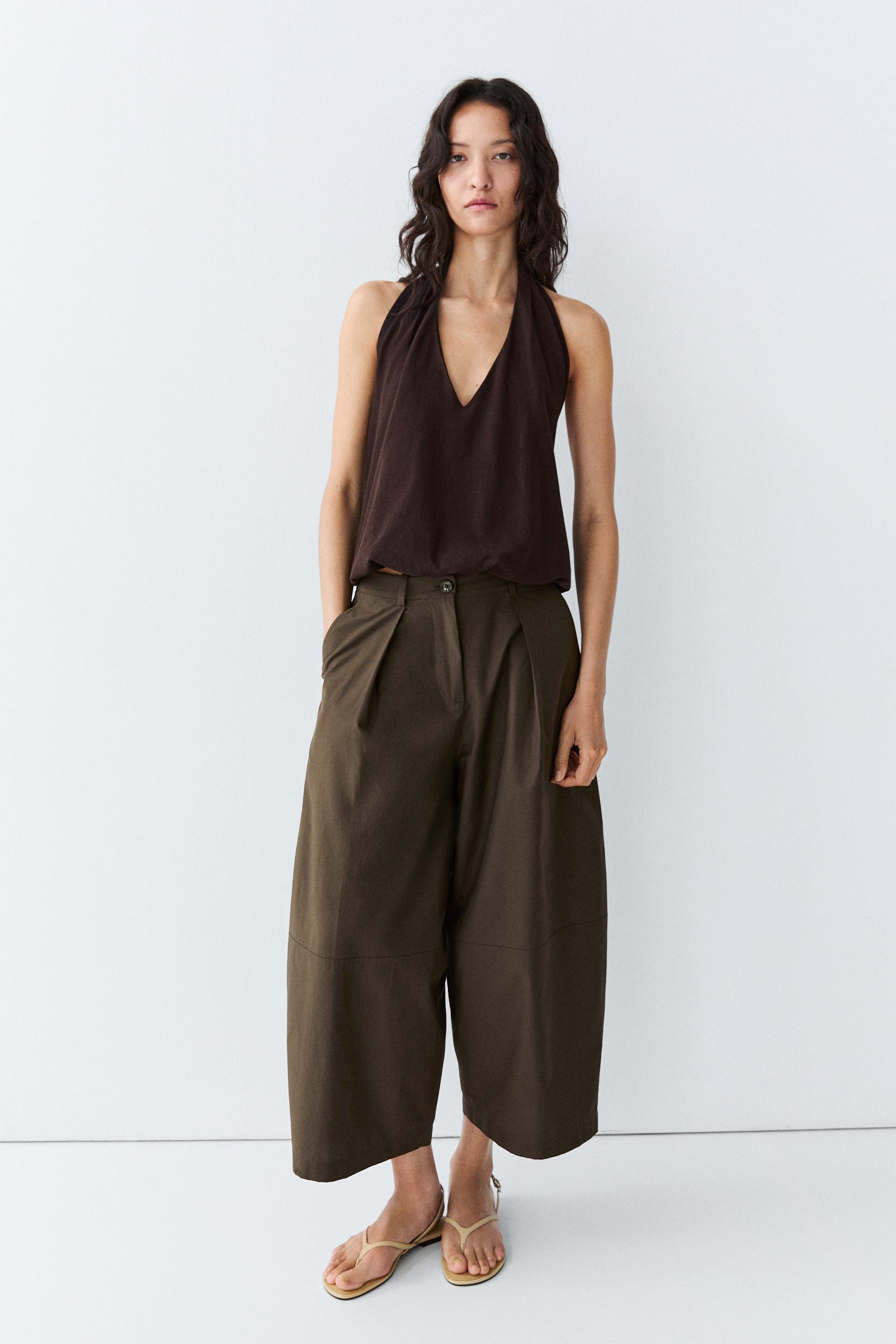 Cotton blend poplin wide-leg pants — KHAKI