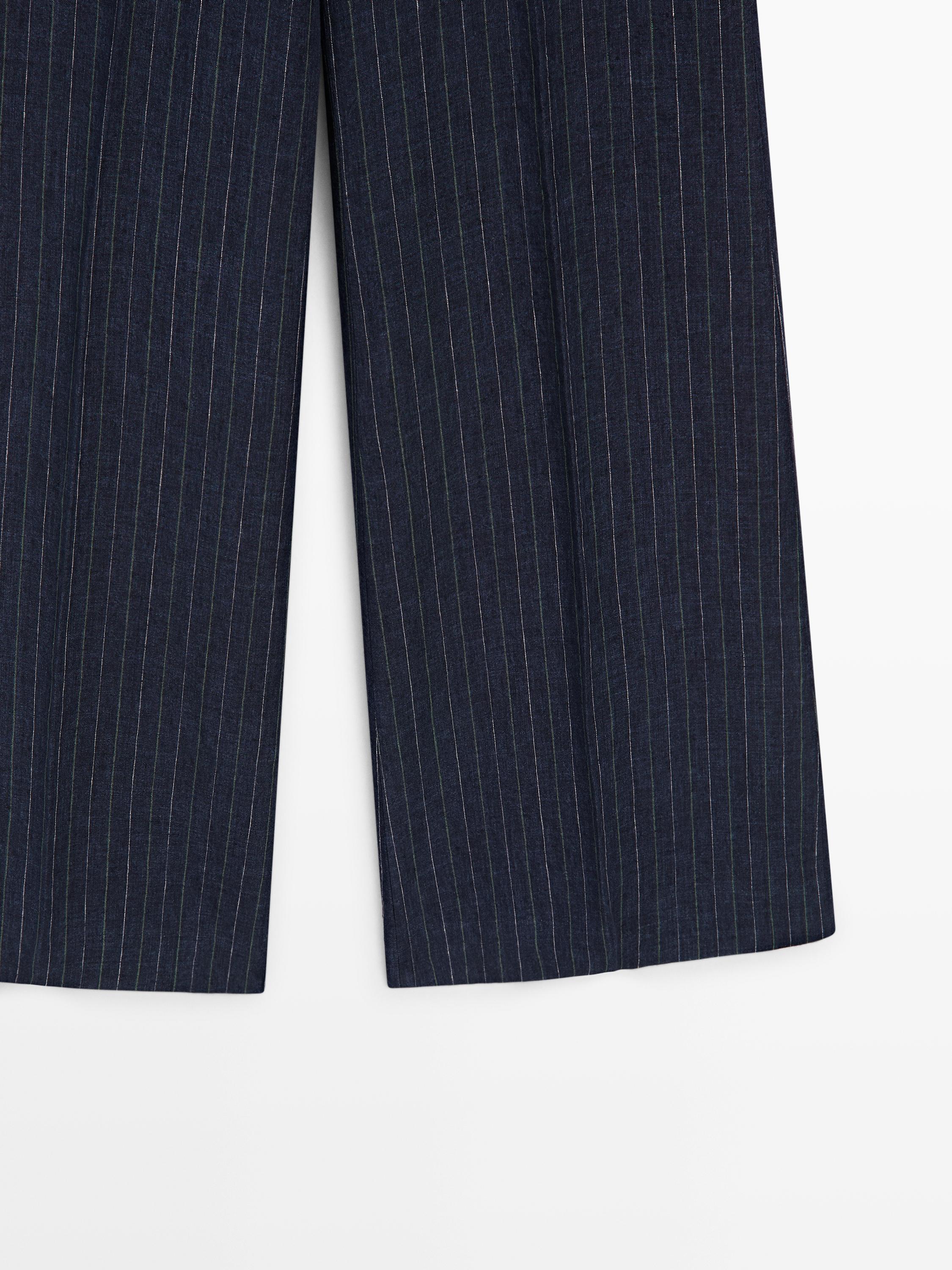 100% linen mid-waist flare pants — NAVY BLUE