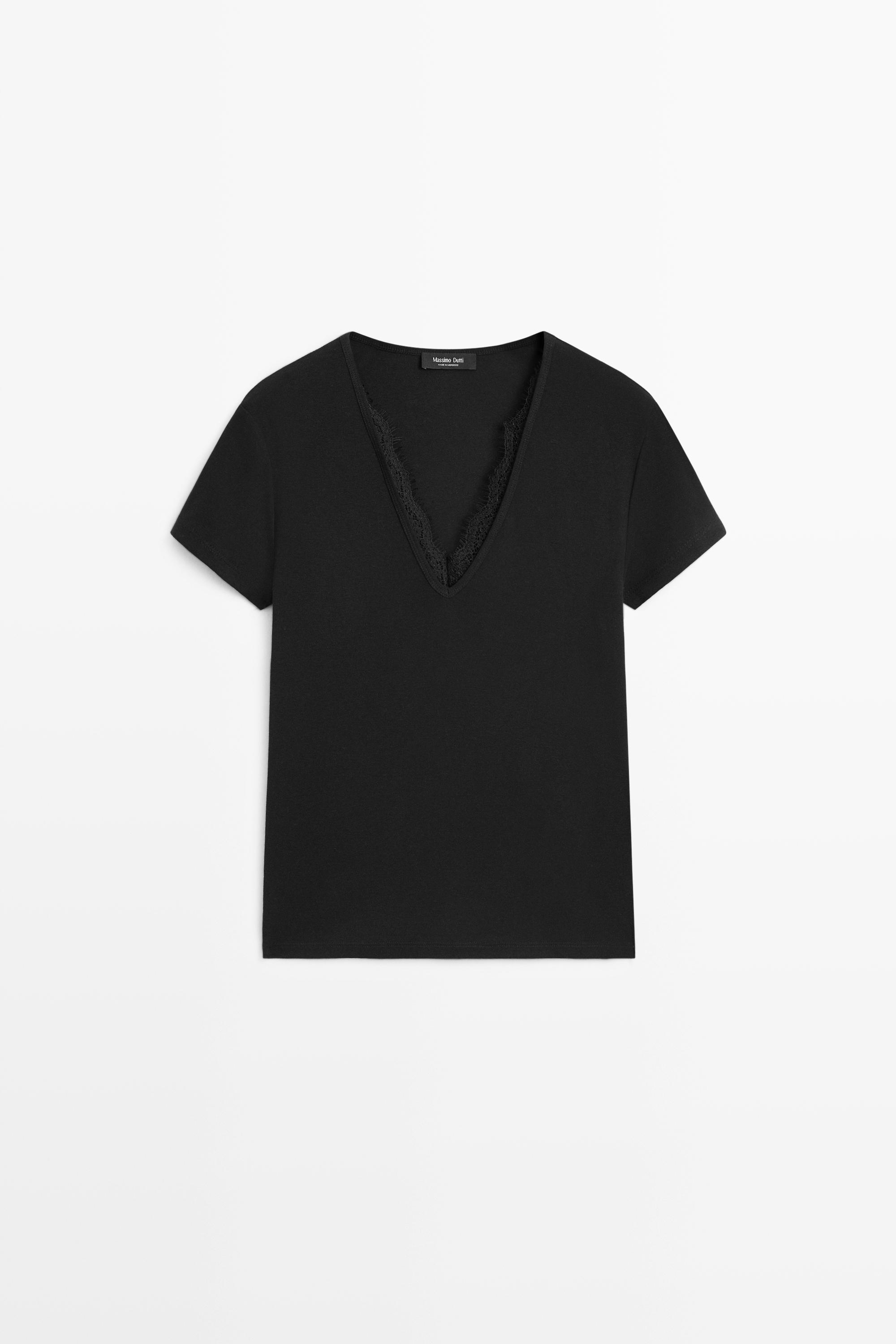 Lace-detail V-neck T-shirt — BLACK