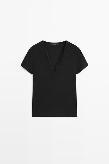 Lace-detail V-neck T-shirt — BLACK 2