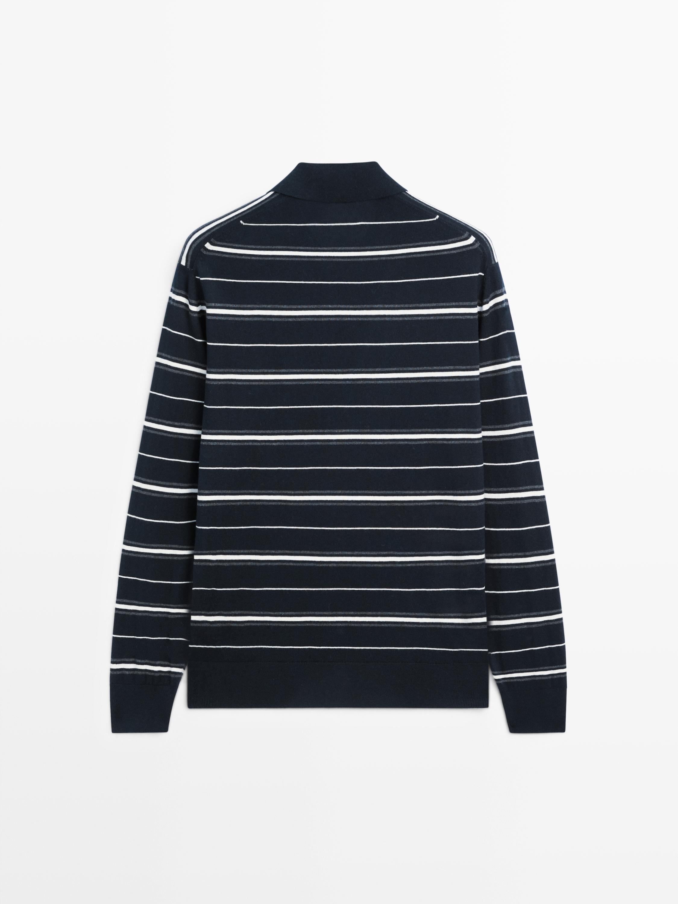 Cotton blend striped knit polo sweater · Navy Blue · Sweaters