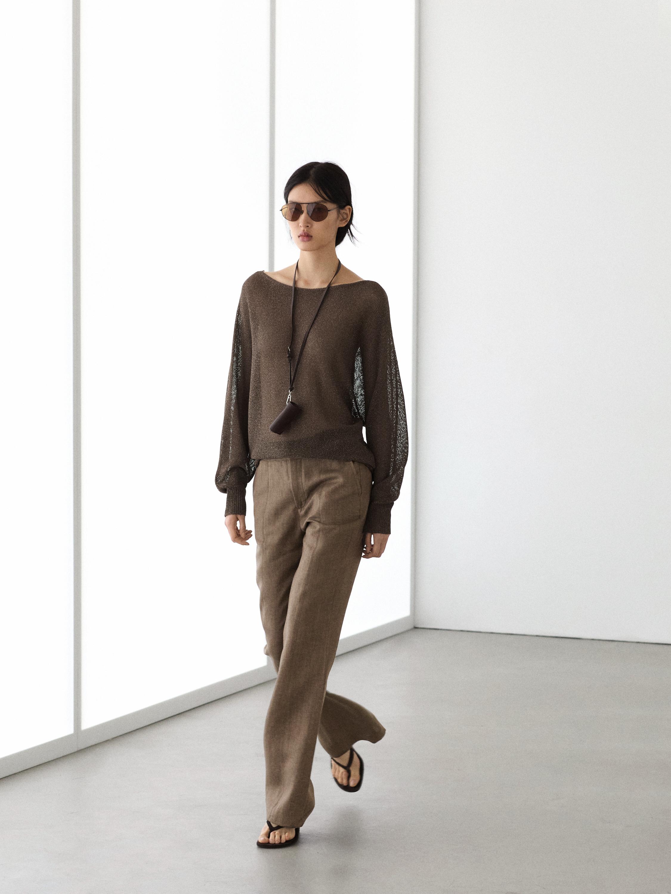 100% linen kick flare trousers — BROWN