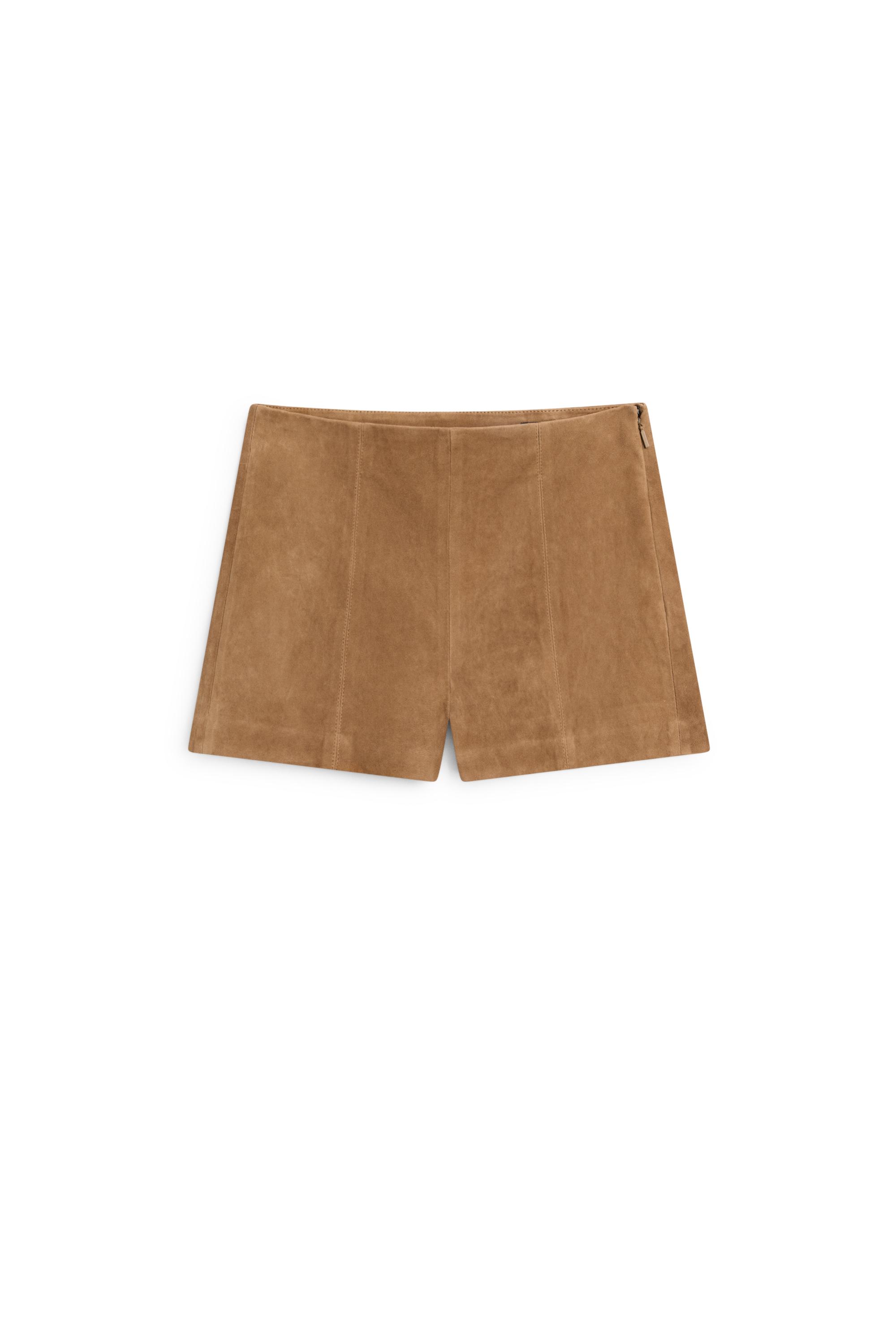 Suede leather shorts with seam details — CAMEL