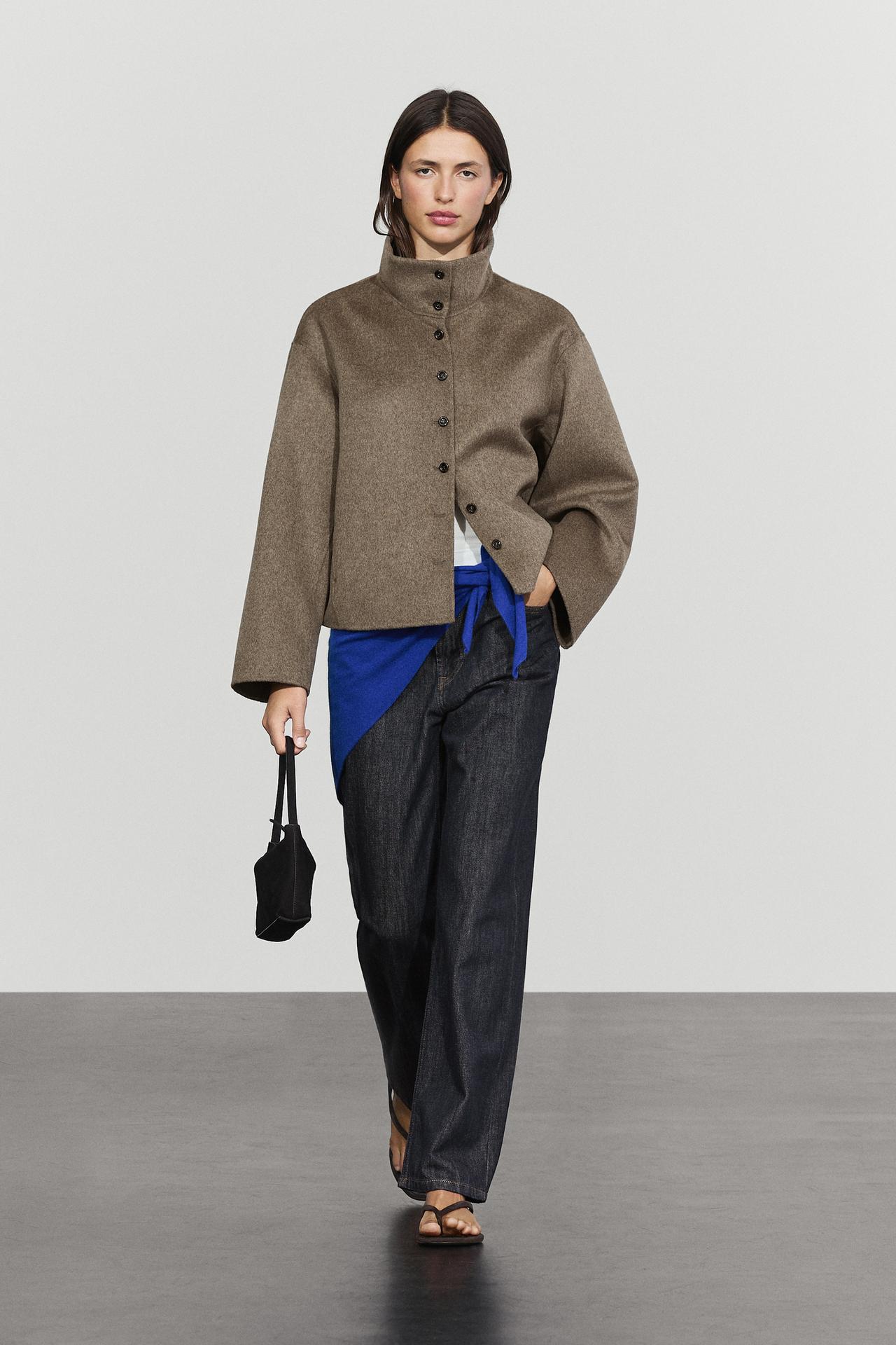 Wool blend high collar coat — BROWN