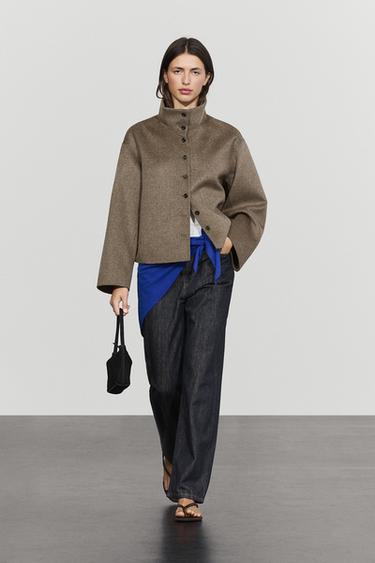 Wool blend high collar coat — BROWN 1