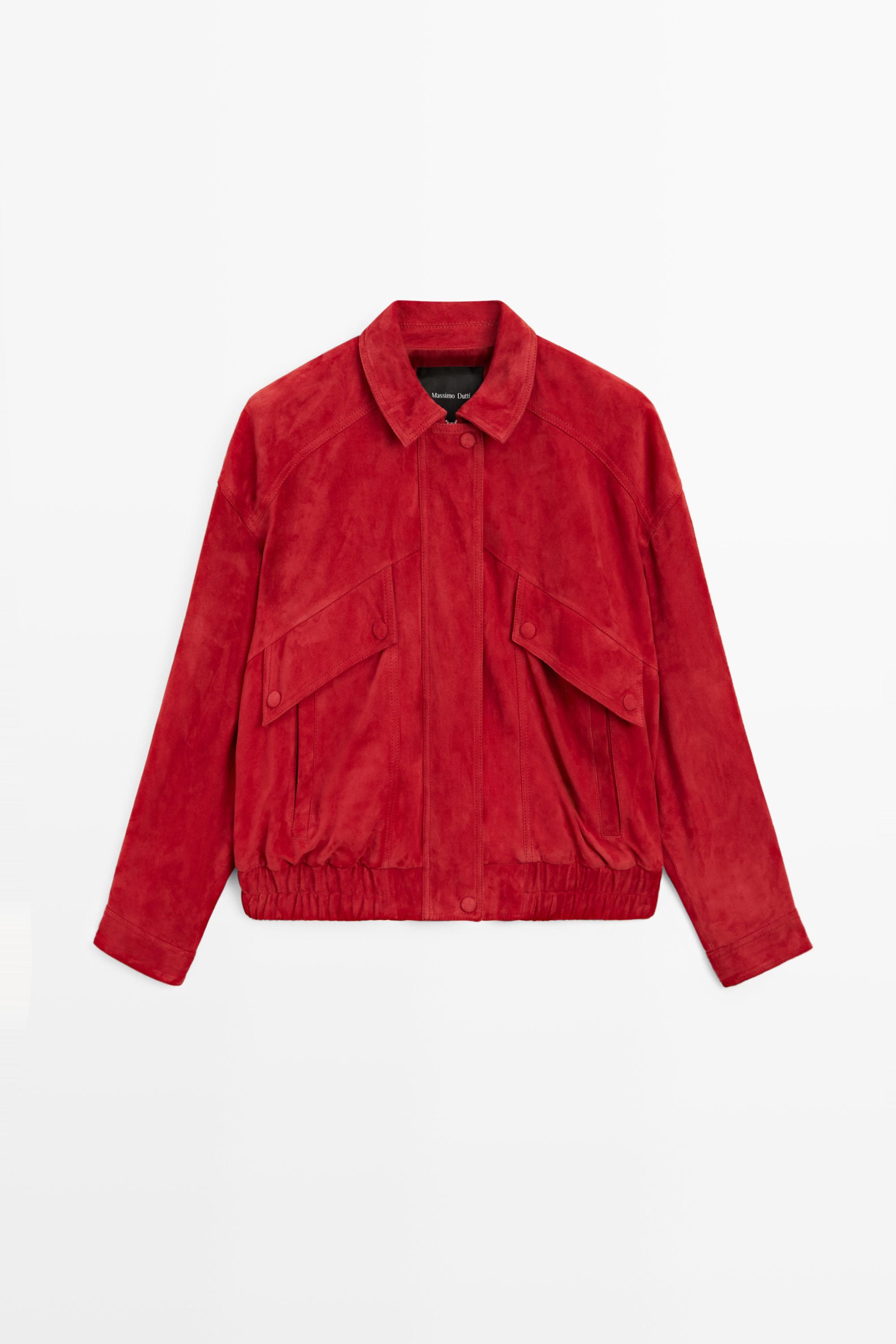Suede leather bomber jacket with pocket details — RED