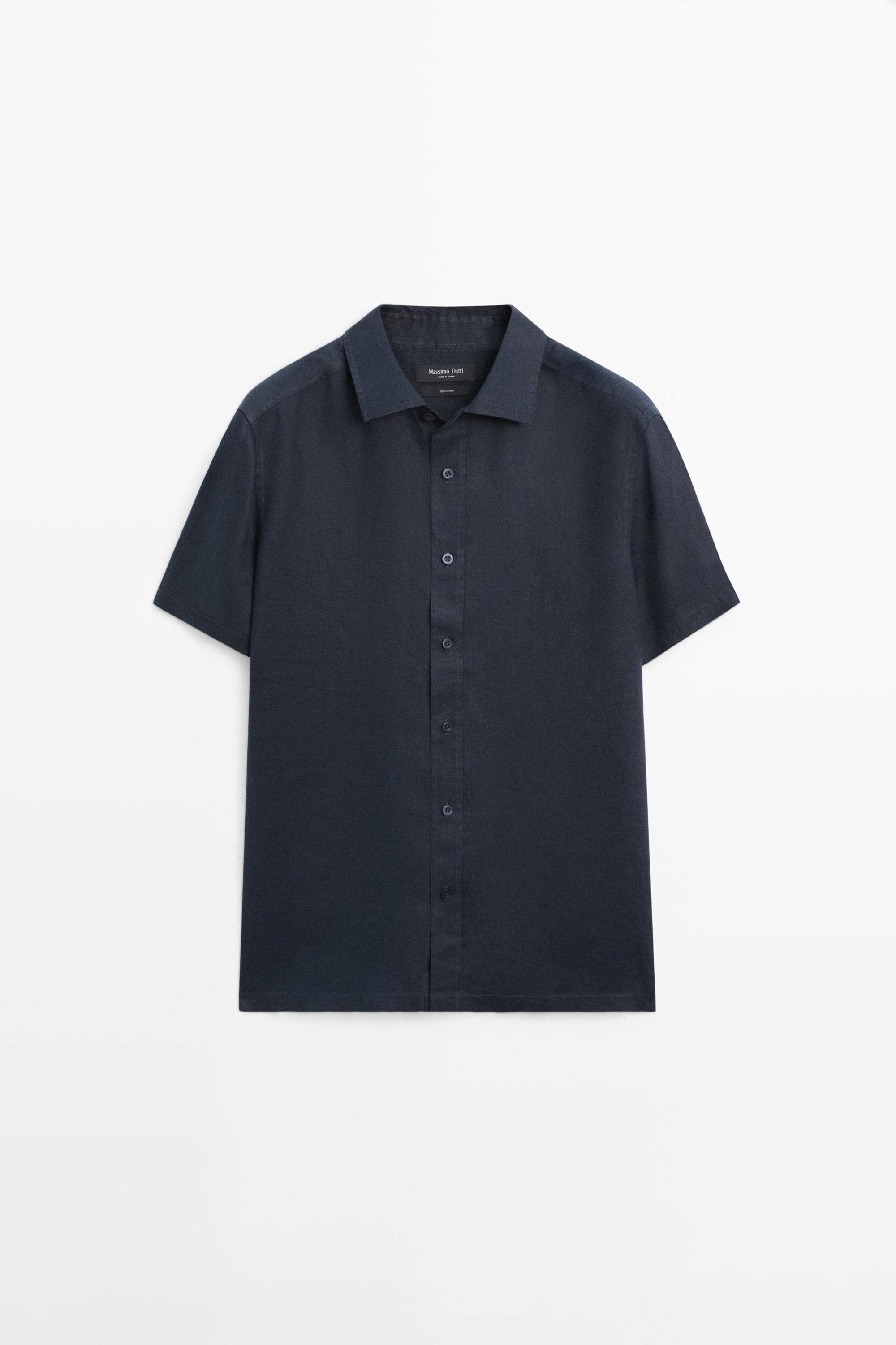 100% linen regular fit short sleeve shirt — NAVY BLUE