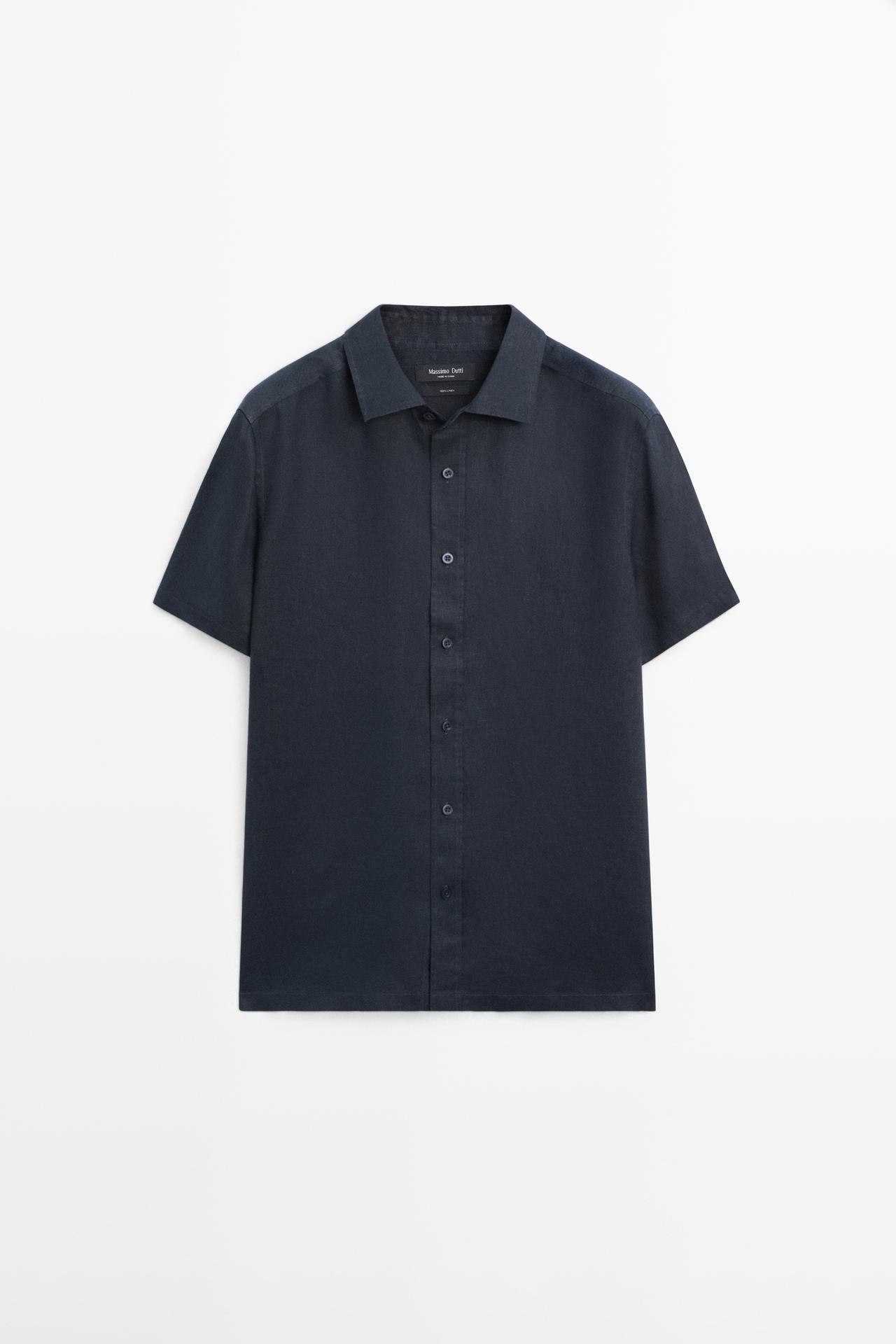 Massimo Dutti - Heren - Regular Fit 100% Linnen Overhemd Met Korte Mouwen - Marineblauw - Xl