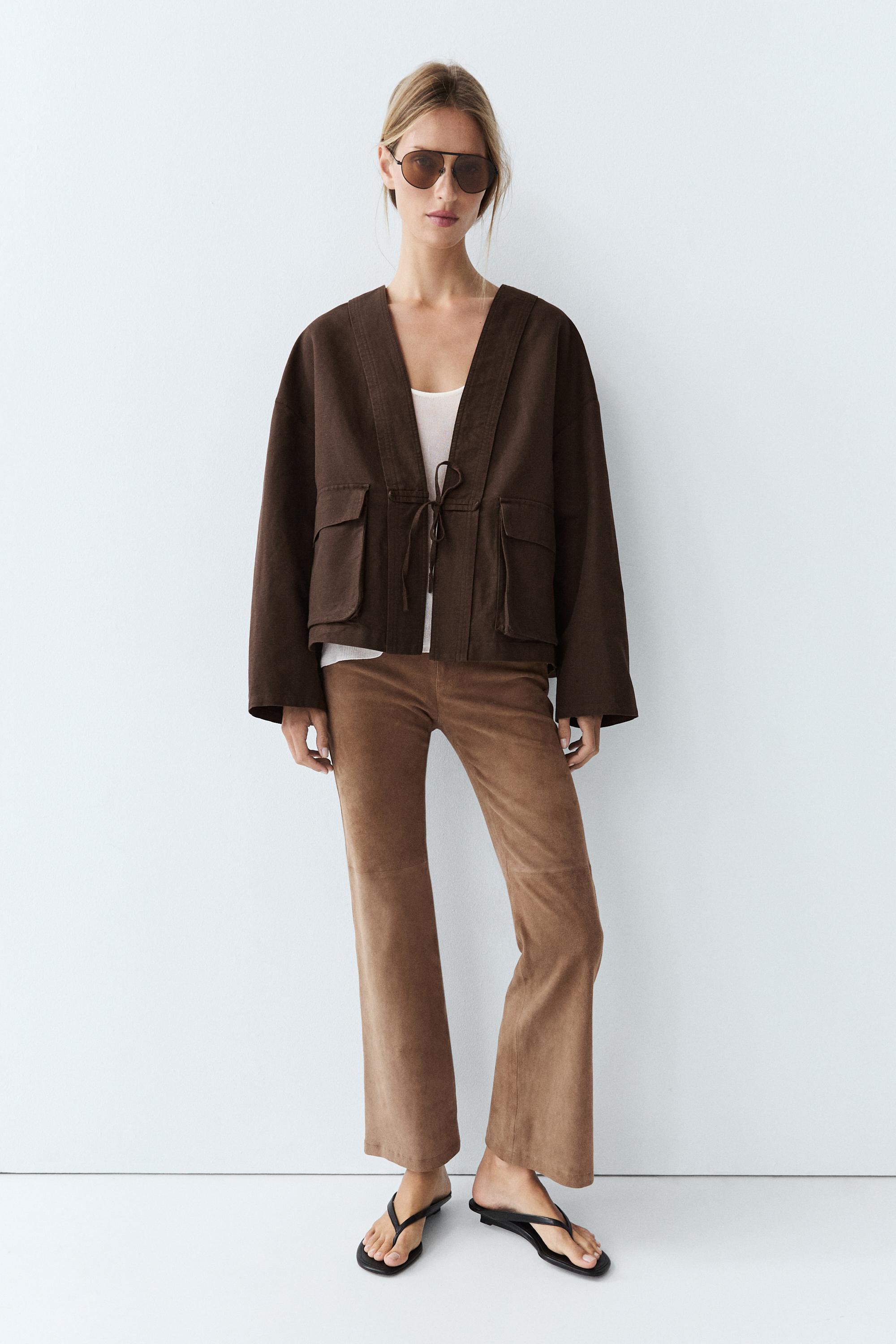 Cotton and linen pocket kimono — BROWN