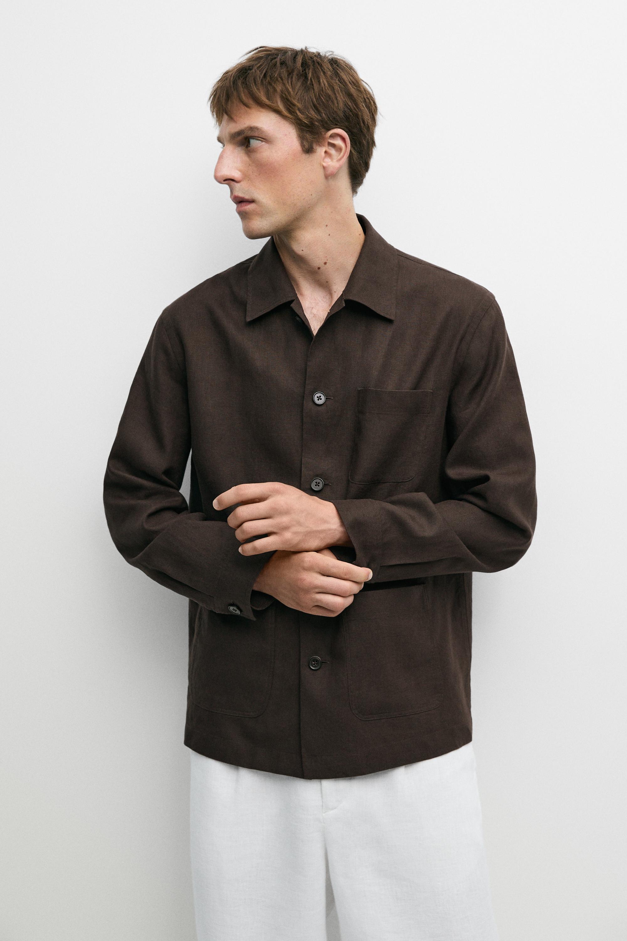 Linen total look overshirt with pocket details · Brown, Navy Blue