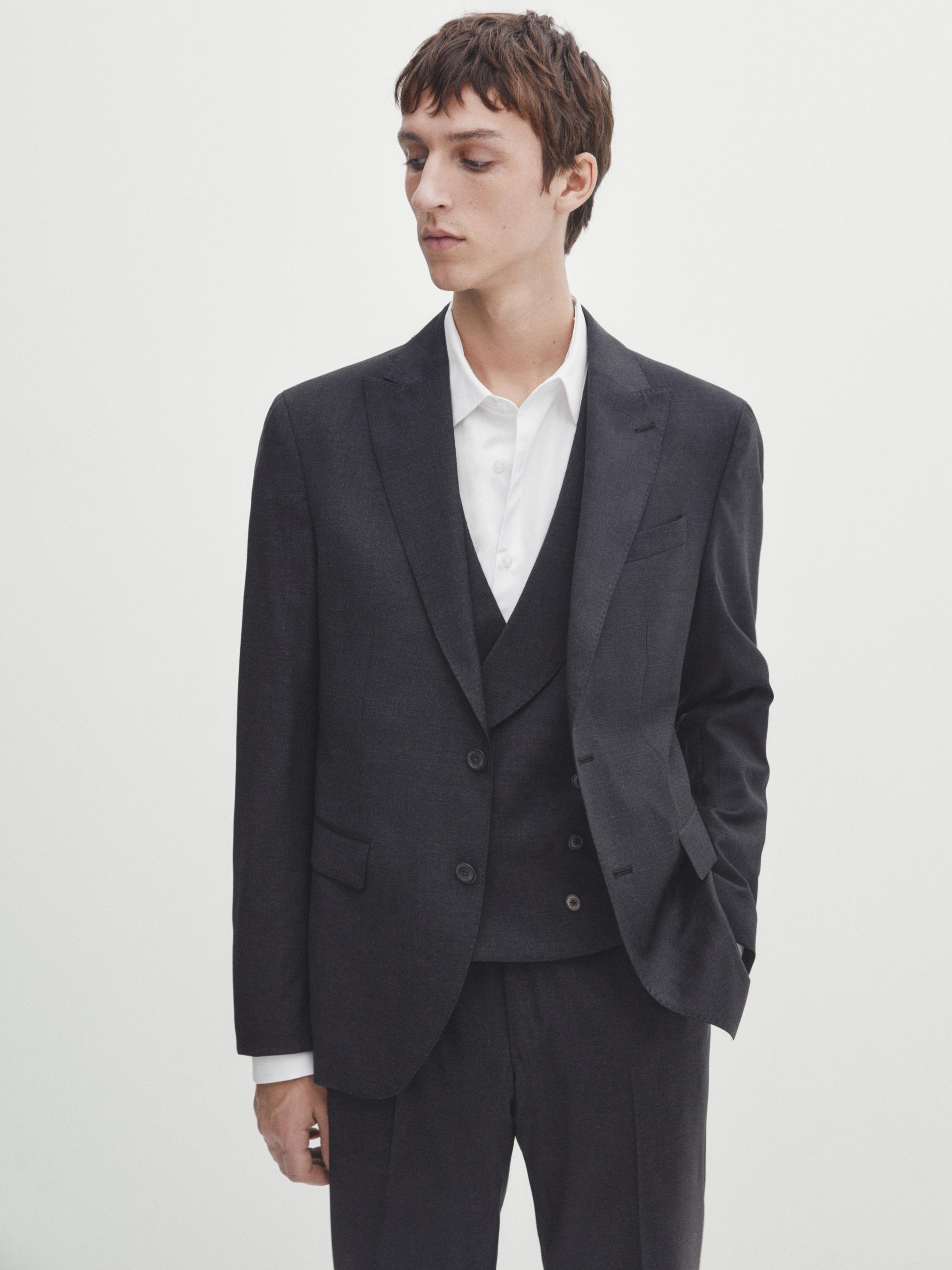 جاكيت فيست بدلة رمادي سادة من الصوف المخلوط