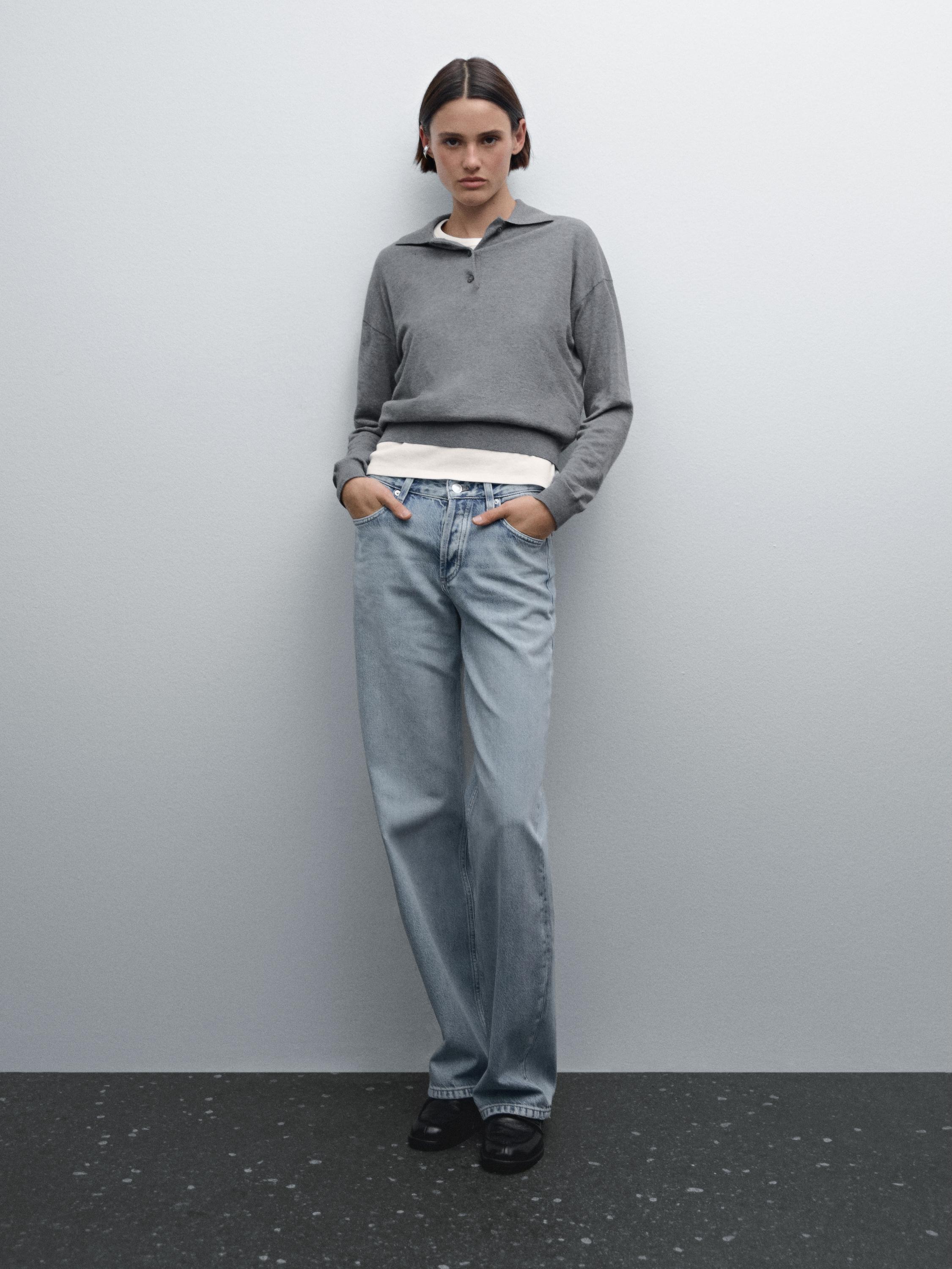 بنطلون جينز بخصر متوسط وساق عريضة