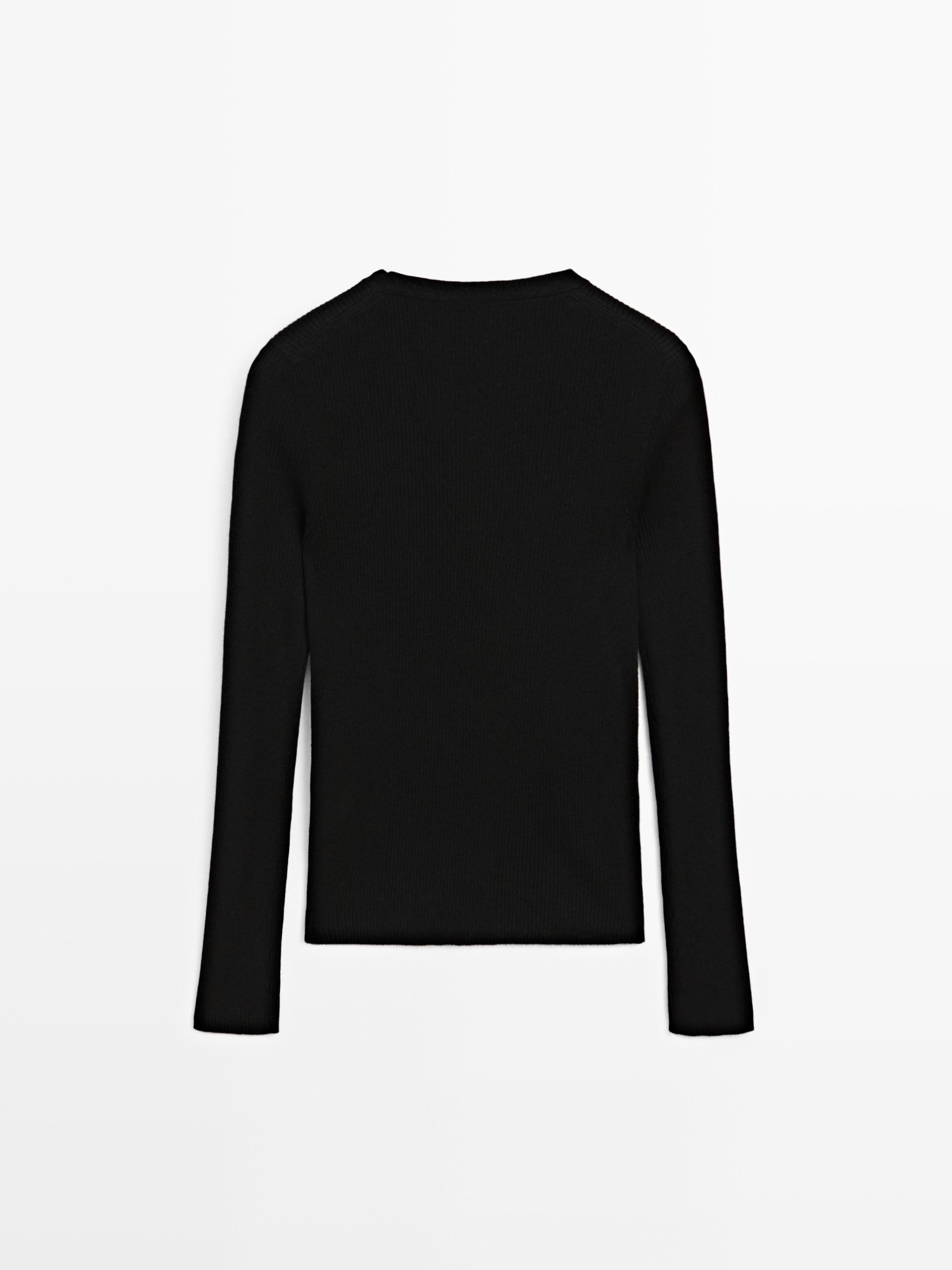 Ribbed knit round neck sweater — BLACK