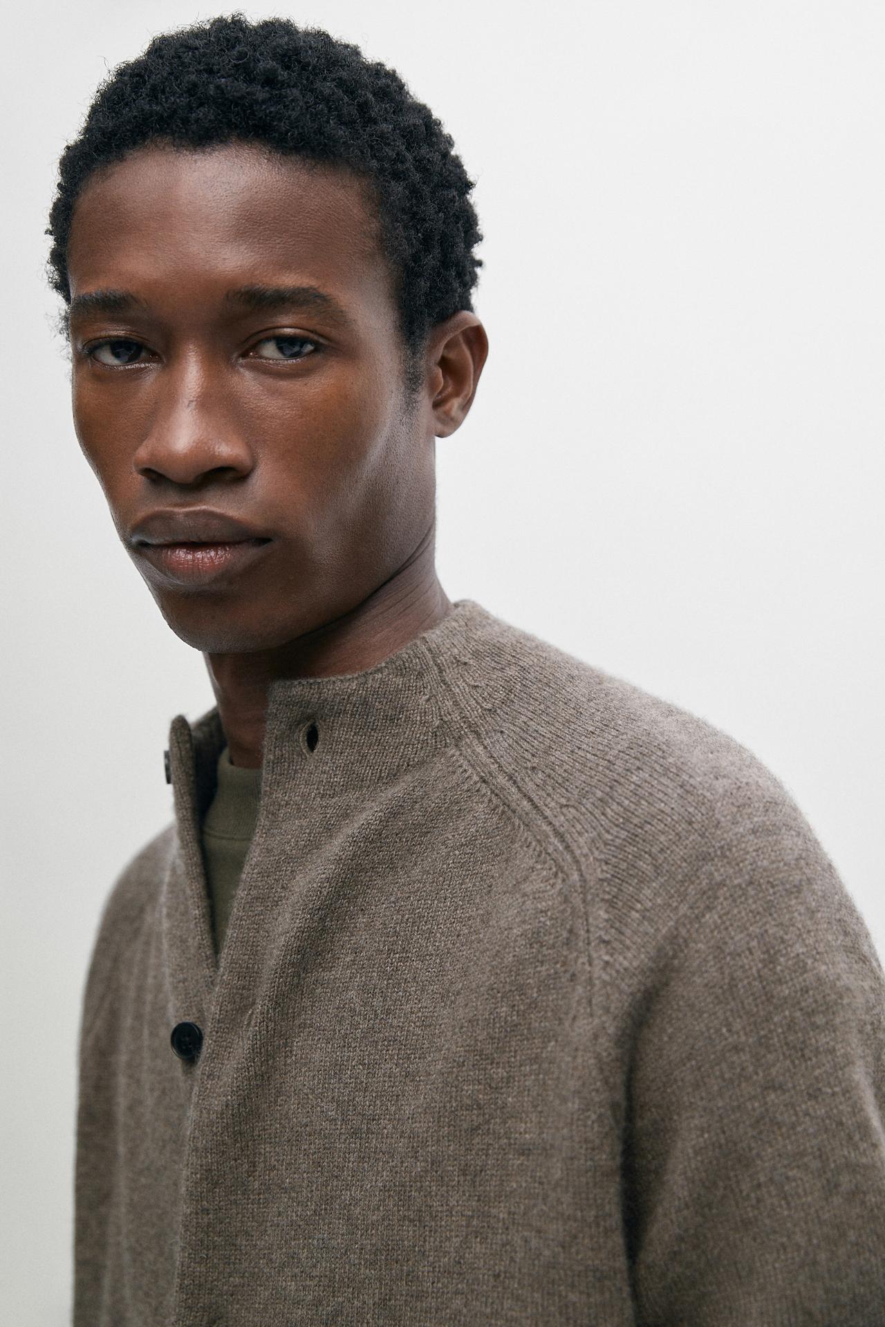 Wool blend mock neck knit cardigan — Sand