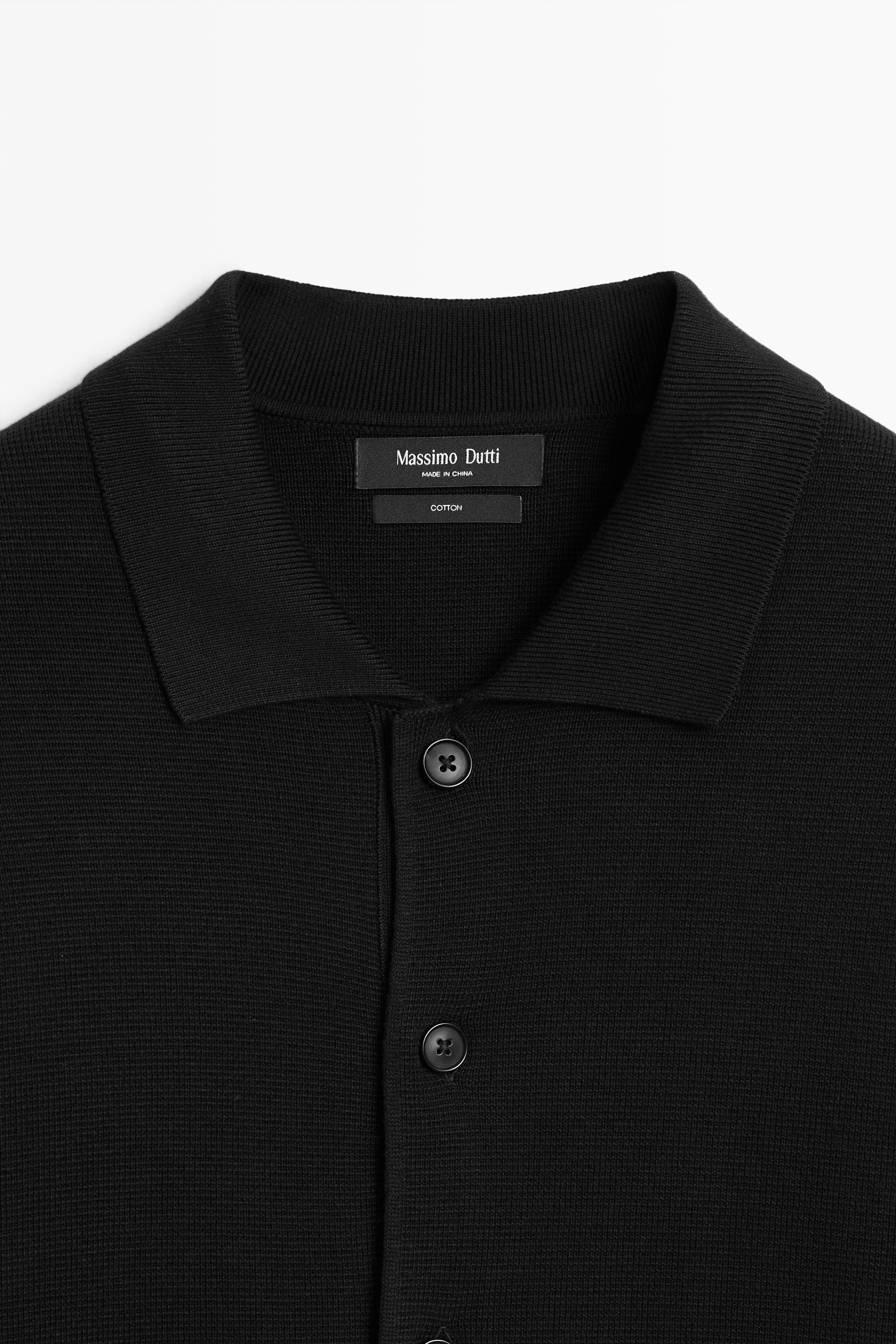 100% cotton knit polo collar cardigan — BLACK