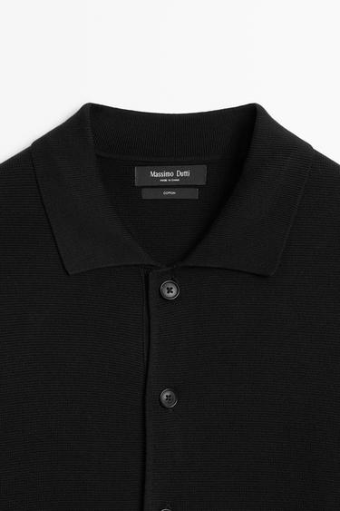 100% cotton knit polo collar cardigan — BLACK 9