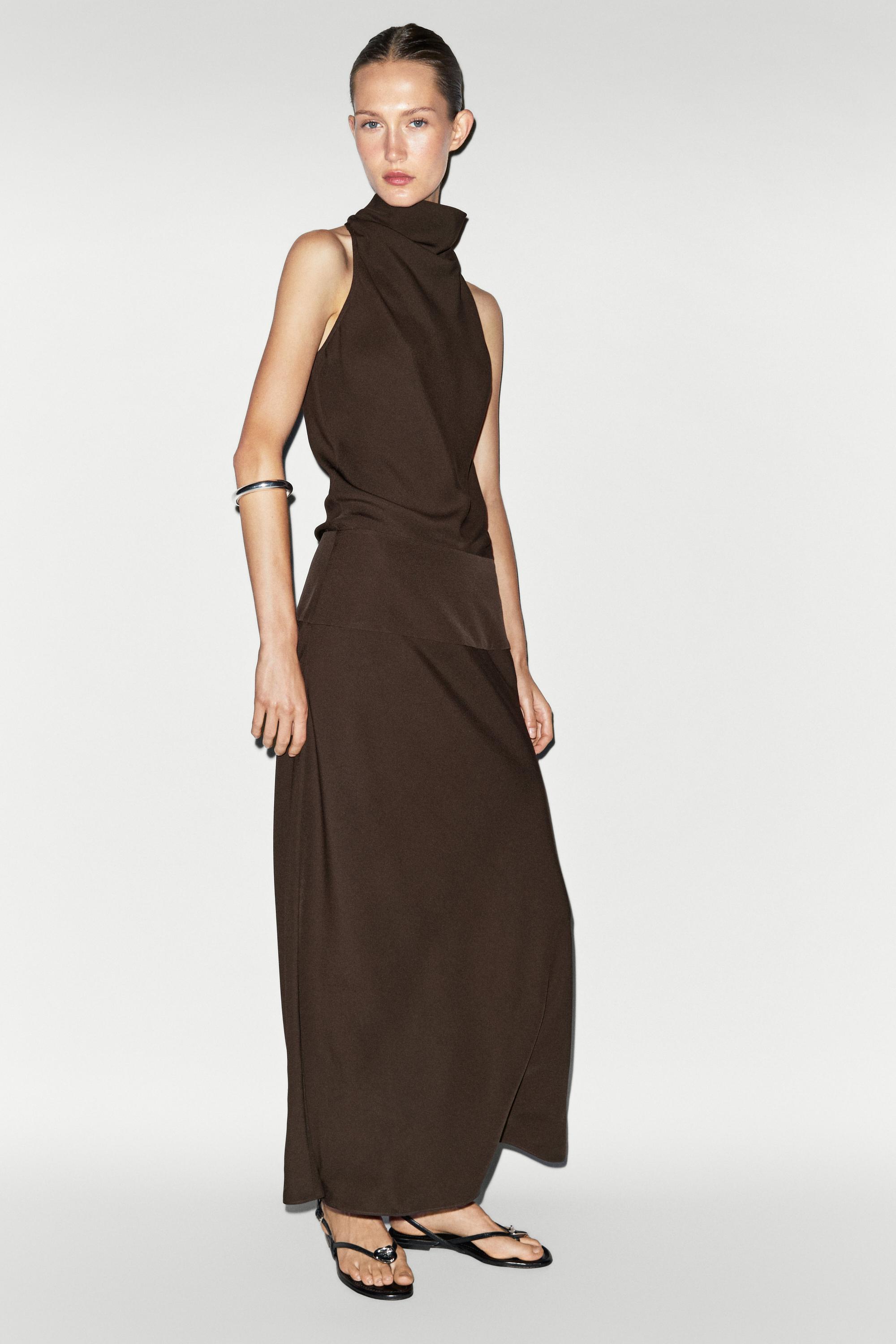 Halter midi dress with waistband detail — BROWN