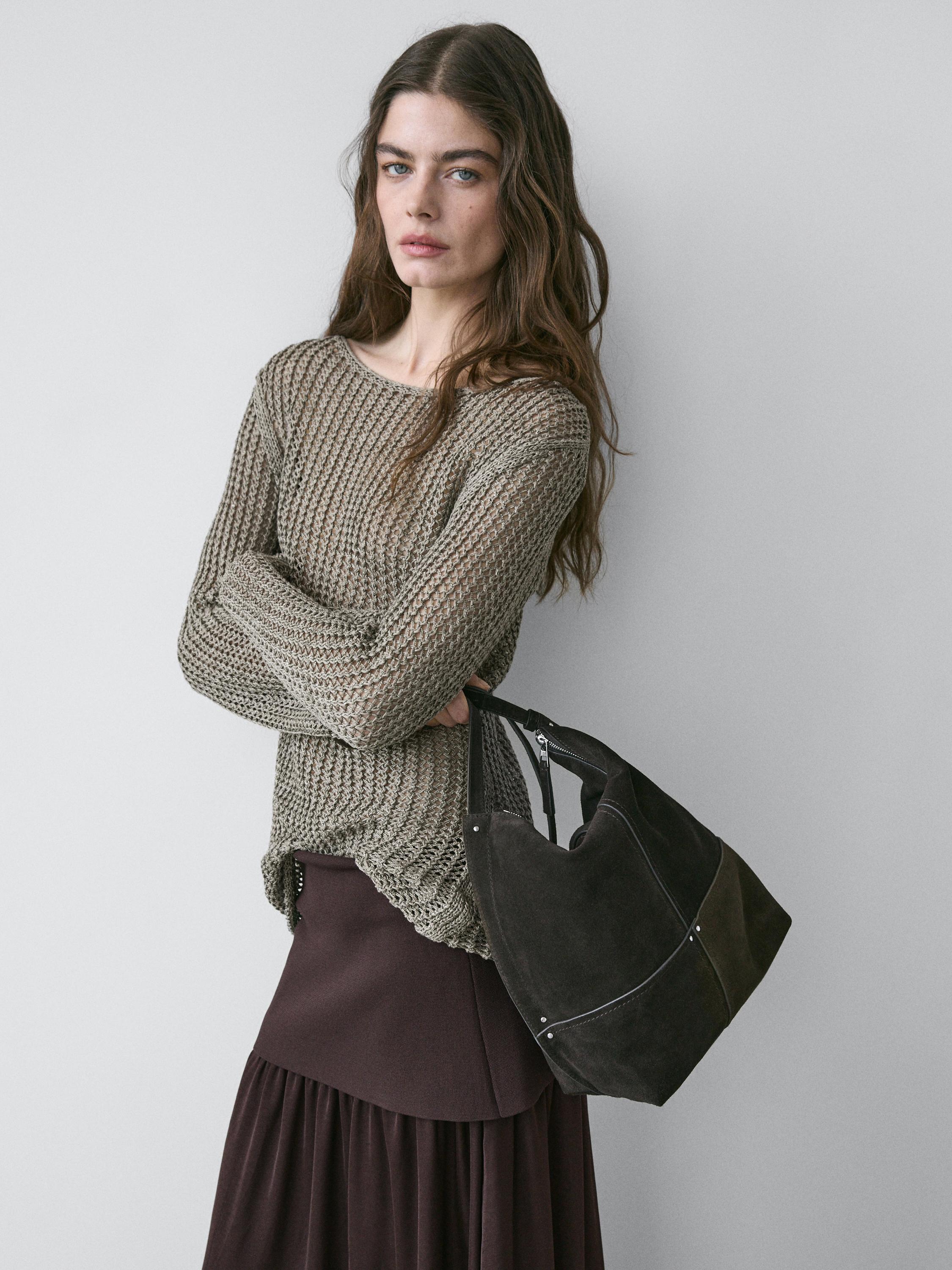 Cotton blend cutwork sweater — Greyish green