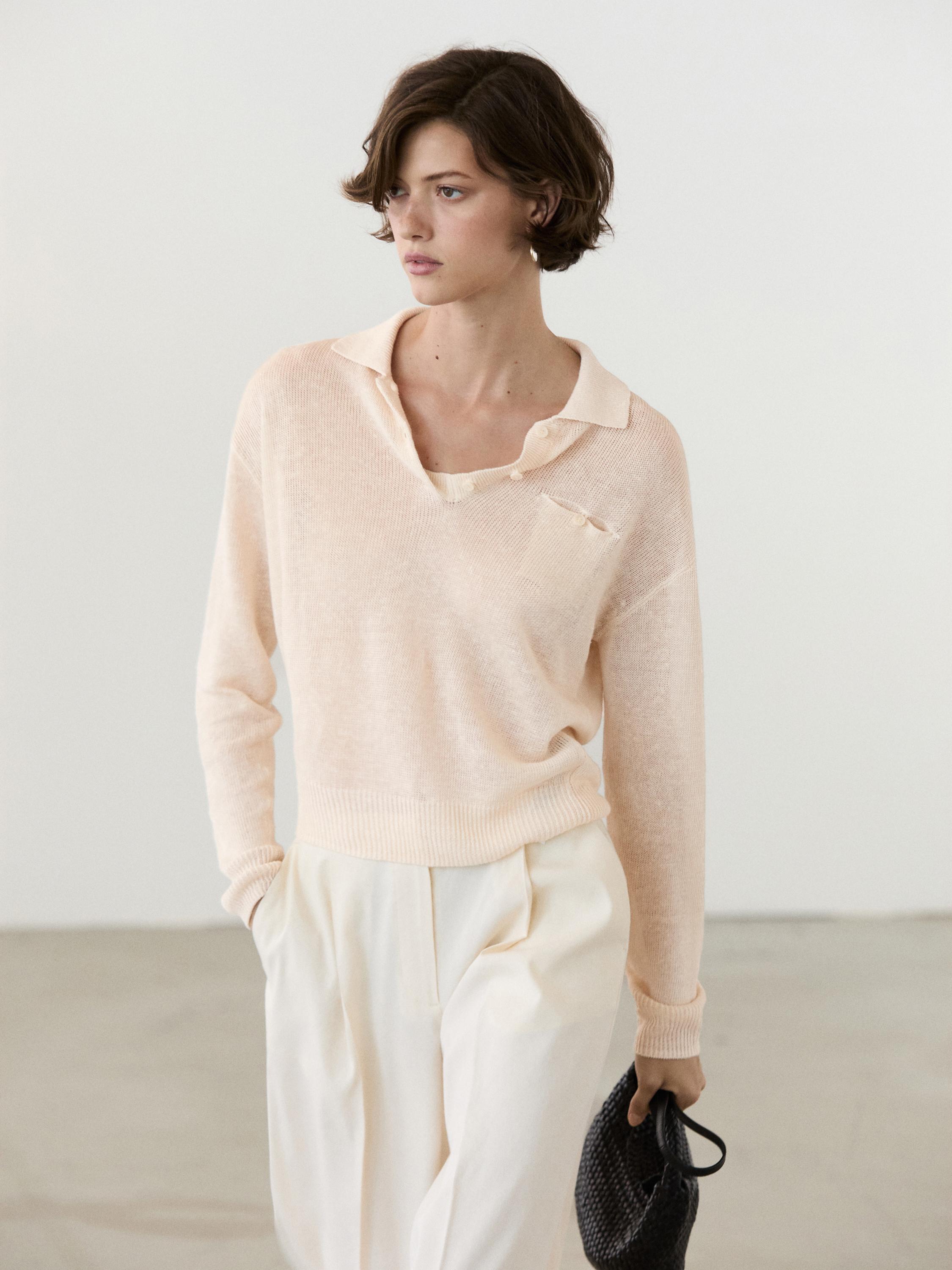 Pull fin en lin à col polo