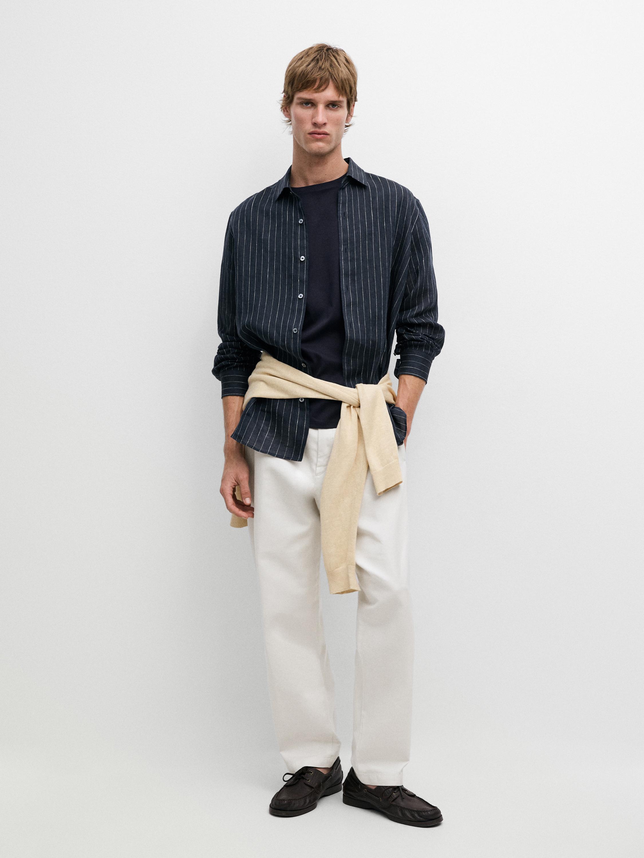 Regular fit striped linen shirt — NAVY BLUE