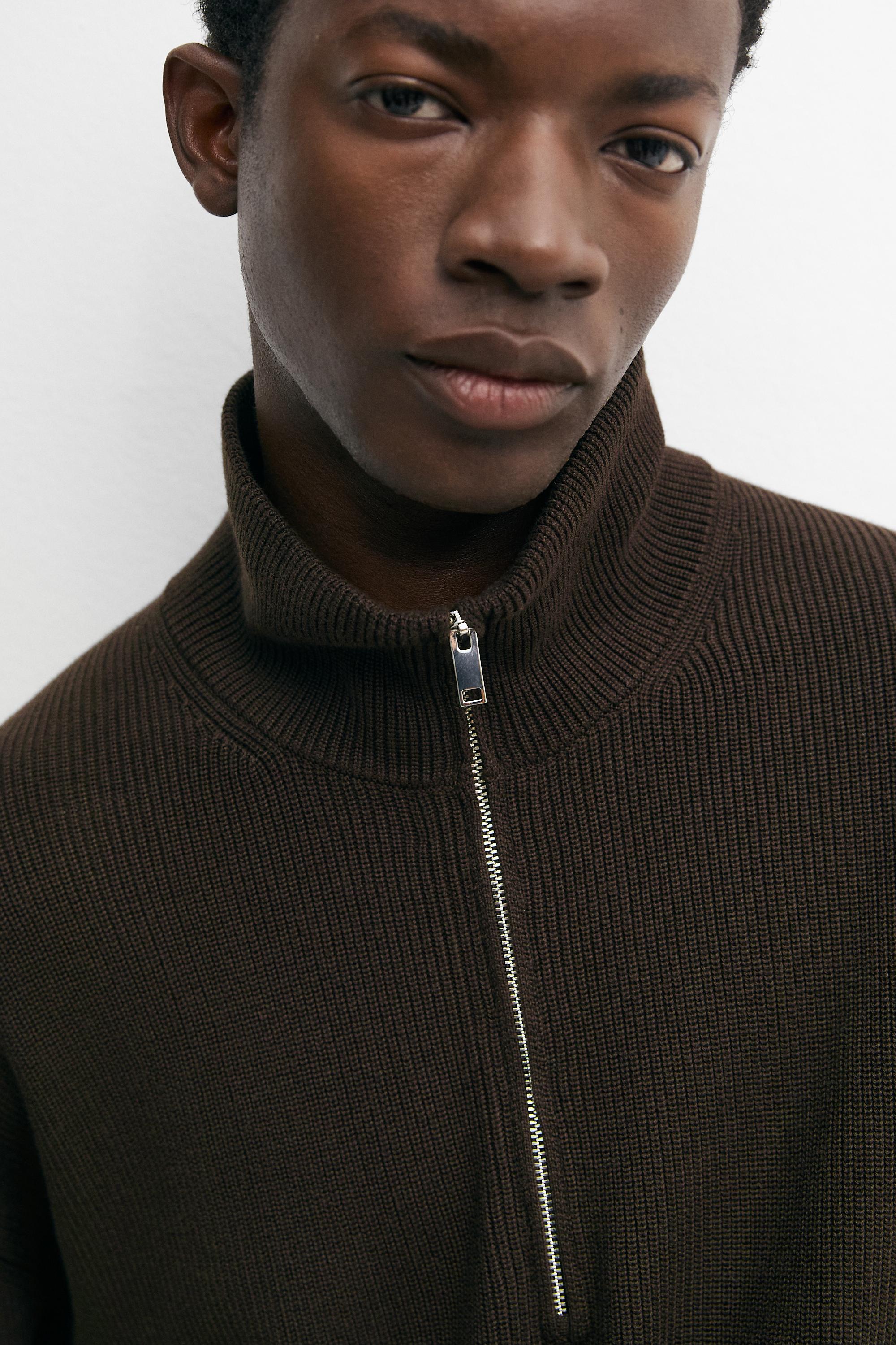 100% cotton mock neck knit sweater — BROWN MARL