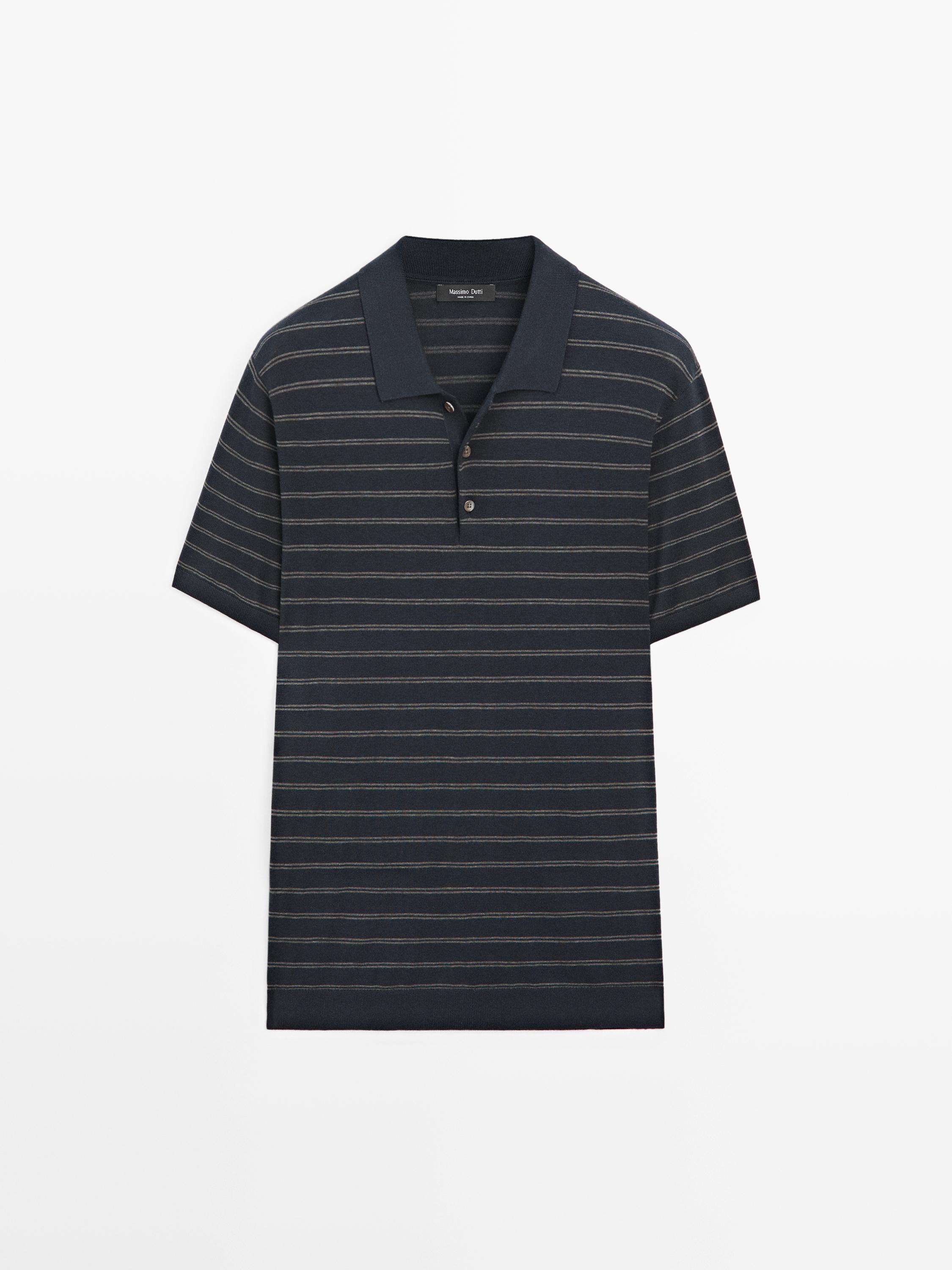 Cotton blend knit polo shirt with striped detail — NAVY BLUE